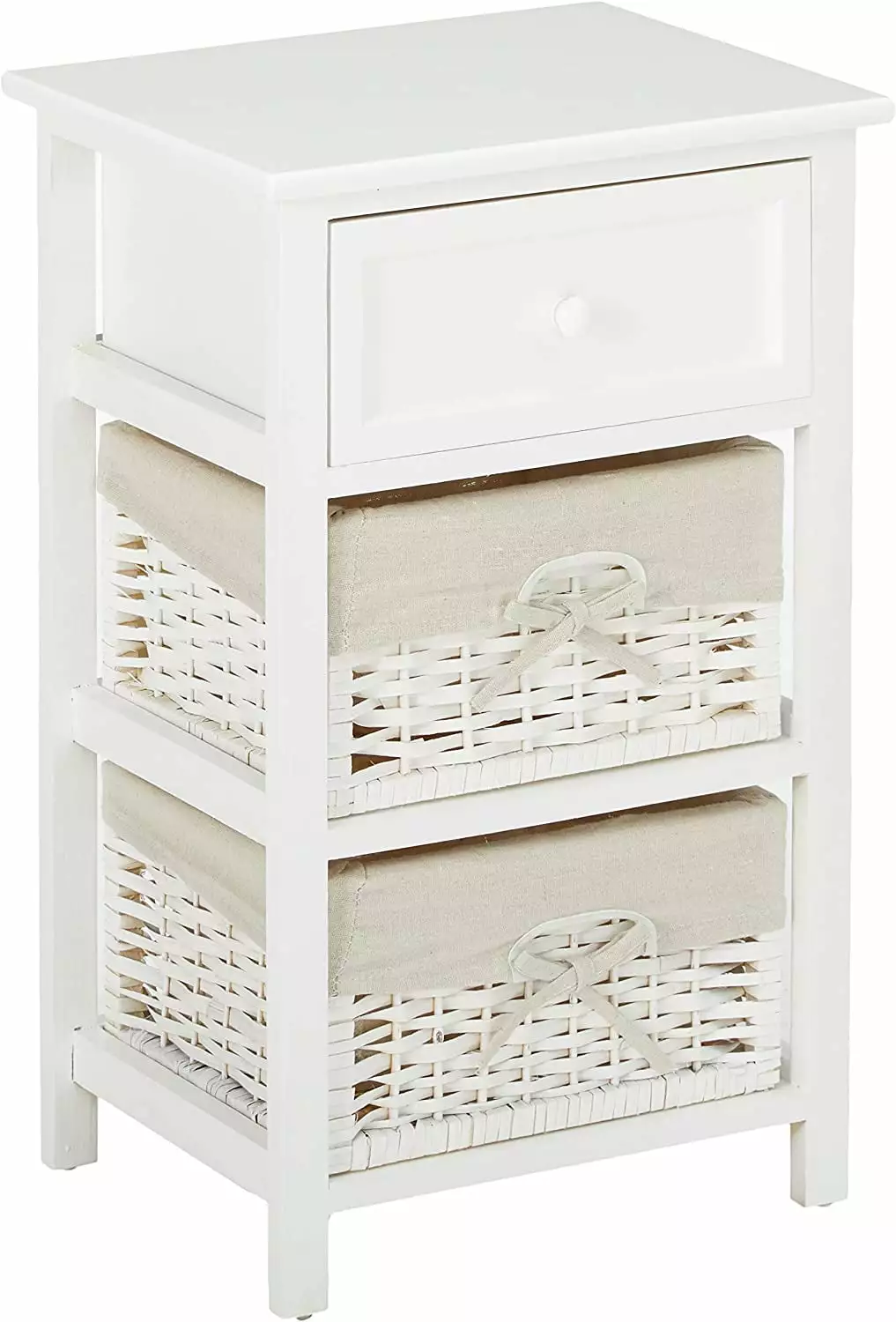 JAXPETY Nightstand. End Table Bedroom Bedside Furniture w/ 2 Wicker Storage Wood. 3 Tier. White