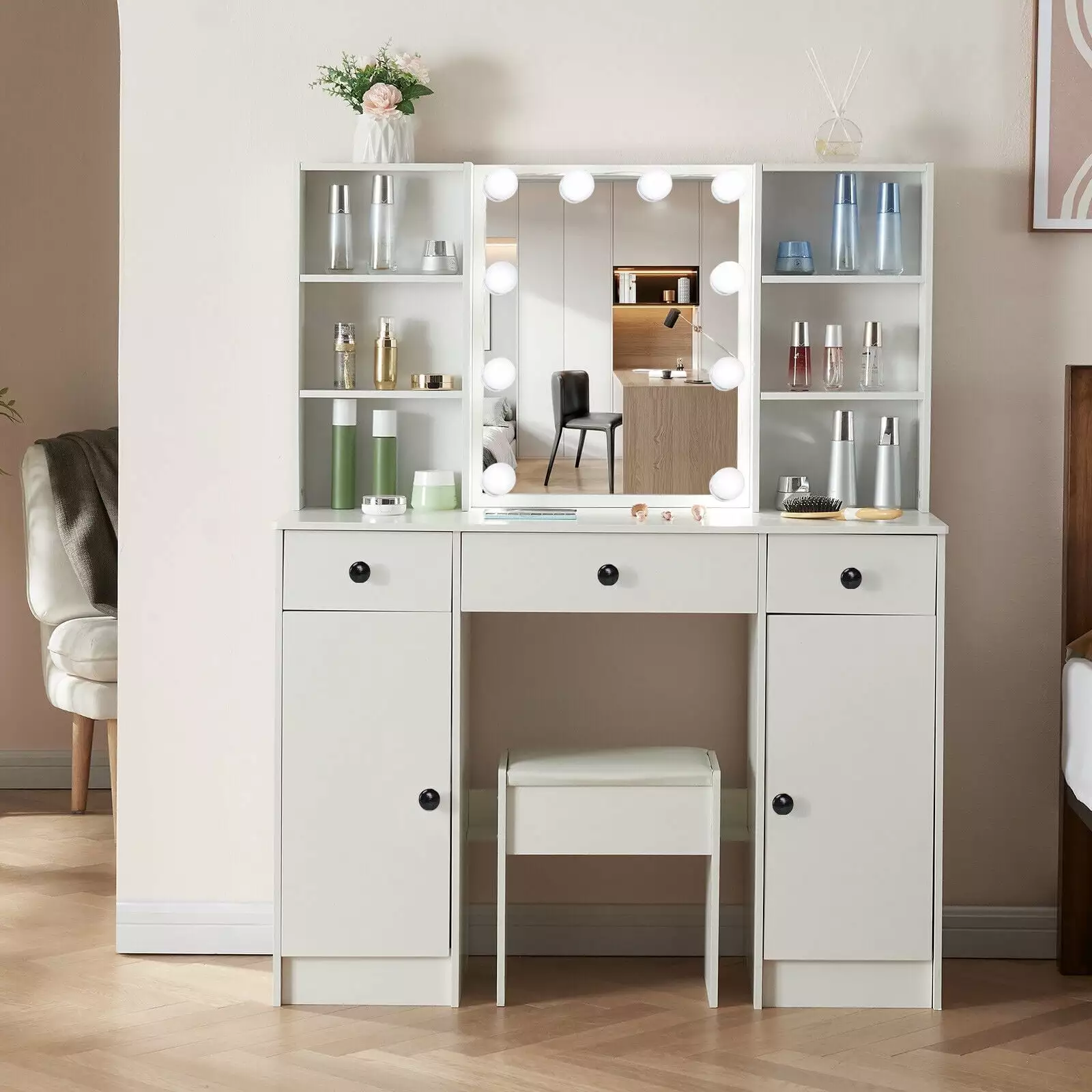 JBLCC Modern Makeup Vanity Desk with Lighted Mirror. Vanity Set with Stool & Drawers. Dressing Table for Girls. White