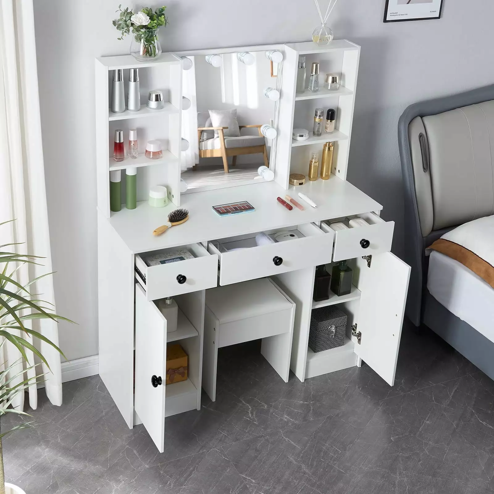 JBLCC Vanity Set with 3 Color Lighted Mirror Makeup Table 3 Drawers Dresser Desk Stool. White