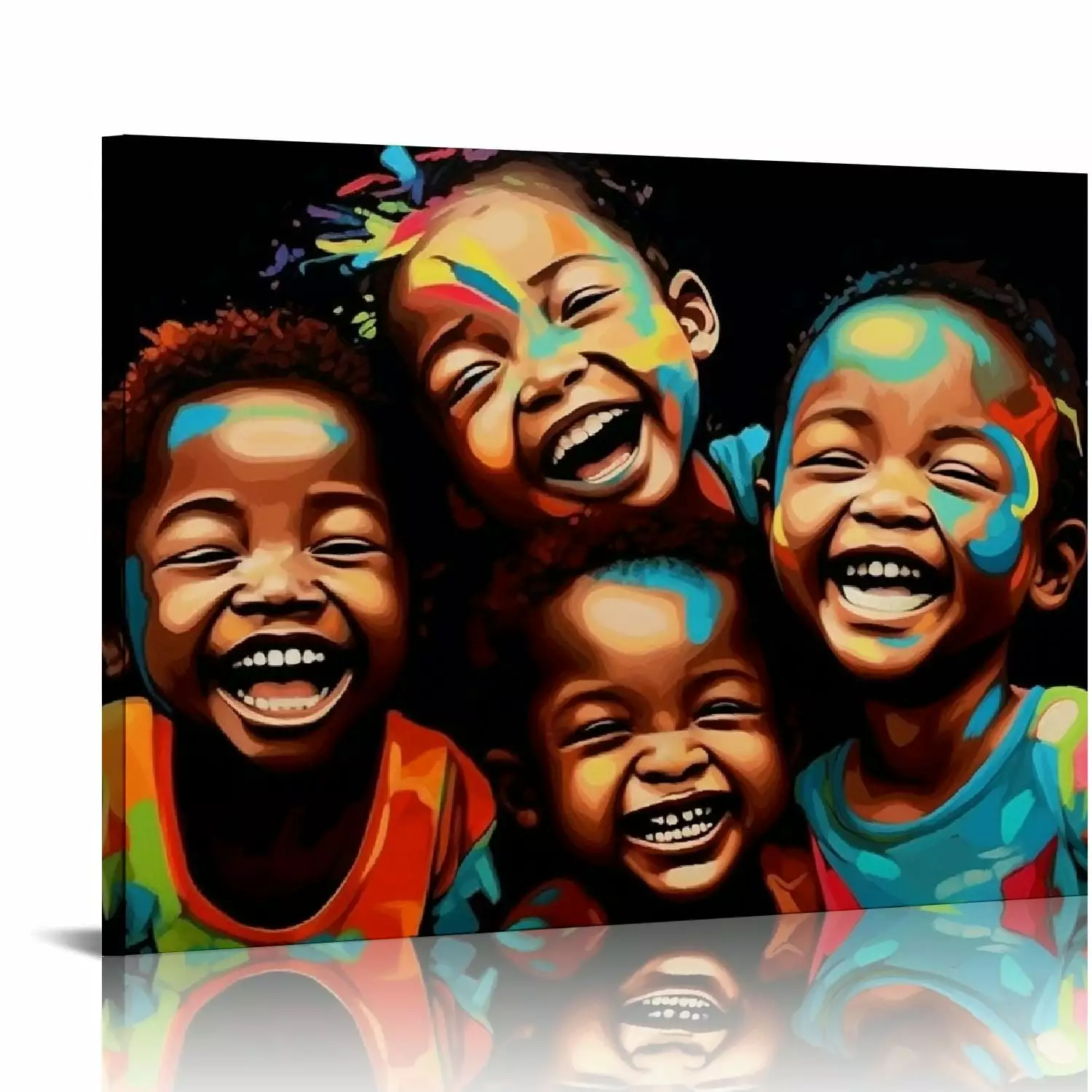 JEUXUS African American Children Wall Art Aesthetic Wall Art 4 Happy Kids Poster Paintings Laughing Boys and Girl Wall Art Decor Canvas Wall Art for Living Room Bathroom Bedroom 20x16in