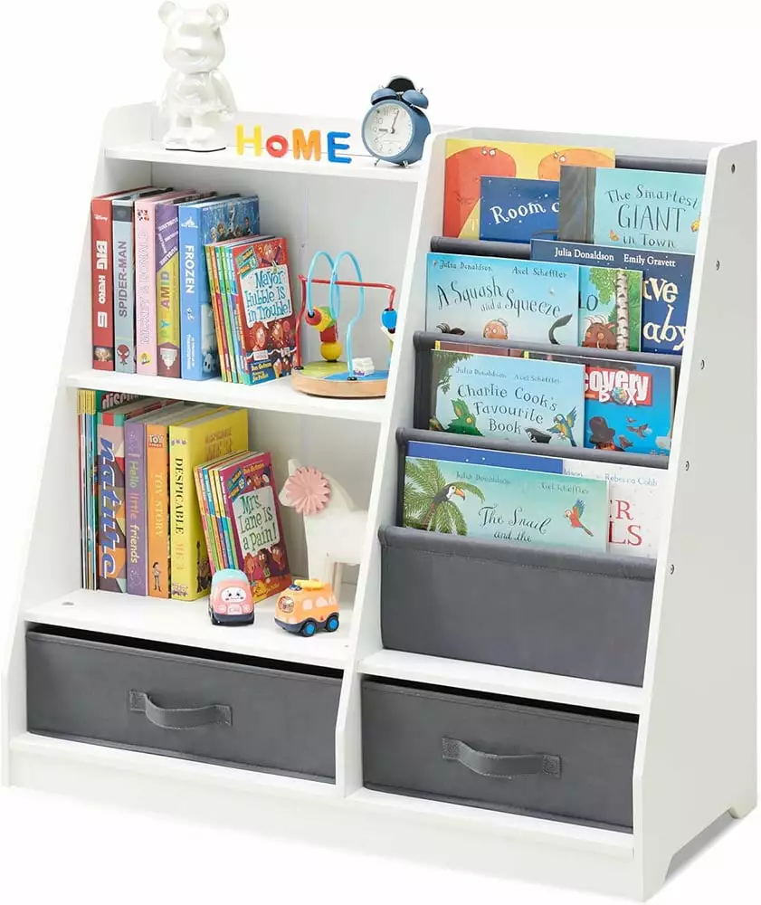 JIAOBAI Kids Bookshelf with 2 Storage Boxes and 4 Sling Bookcase. Toddlers Book and Toy Organizer Dispaly Cabinet