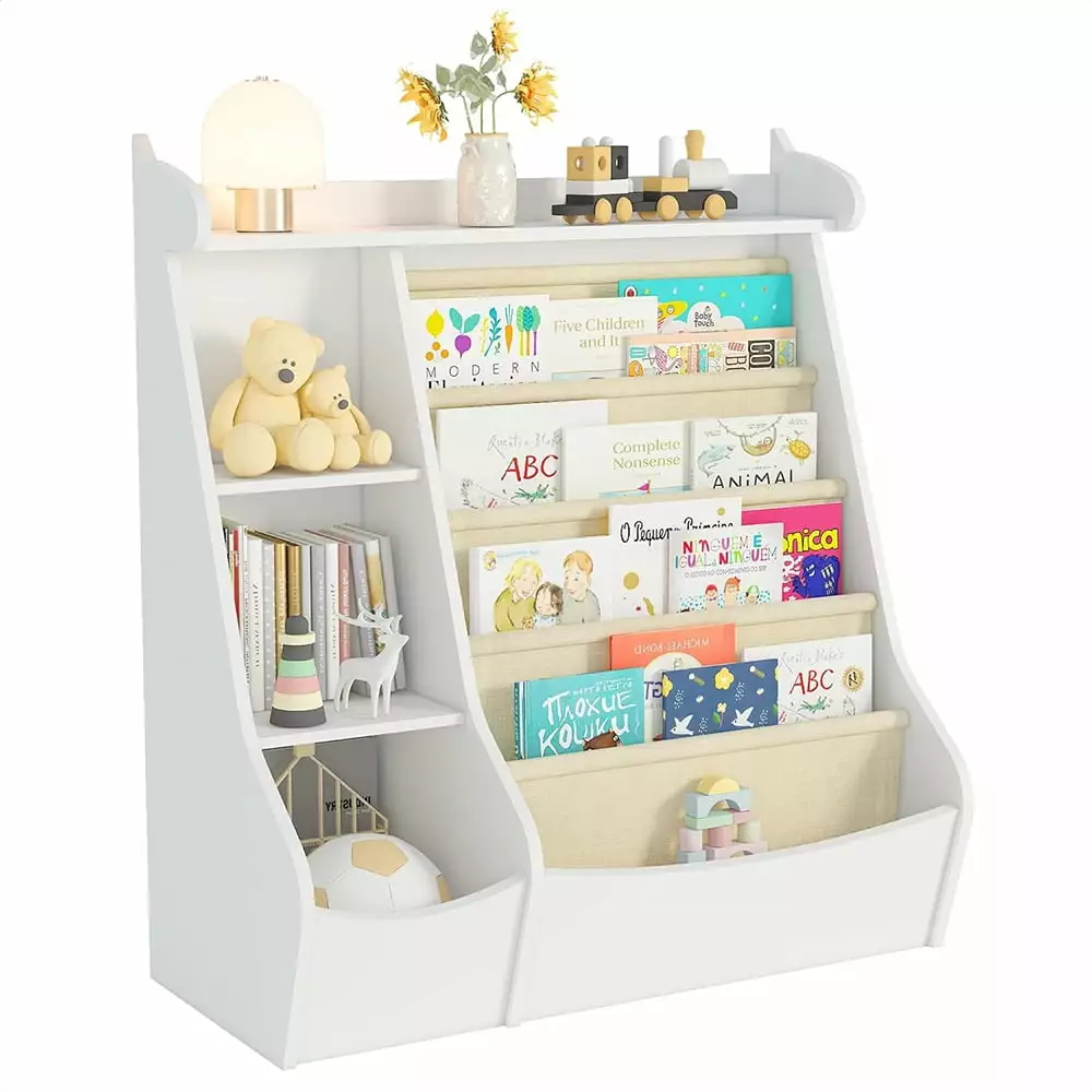 JIAOBAIKids Bookshelf. Kids Toy Storage Organizer. 4 Layer Sling Bookcase for Playroom. Bedroom. Living Room. Kids Room. Nursery. School