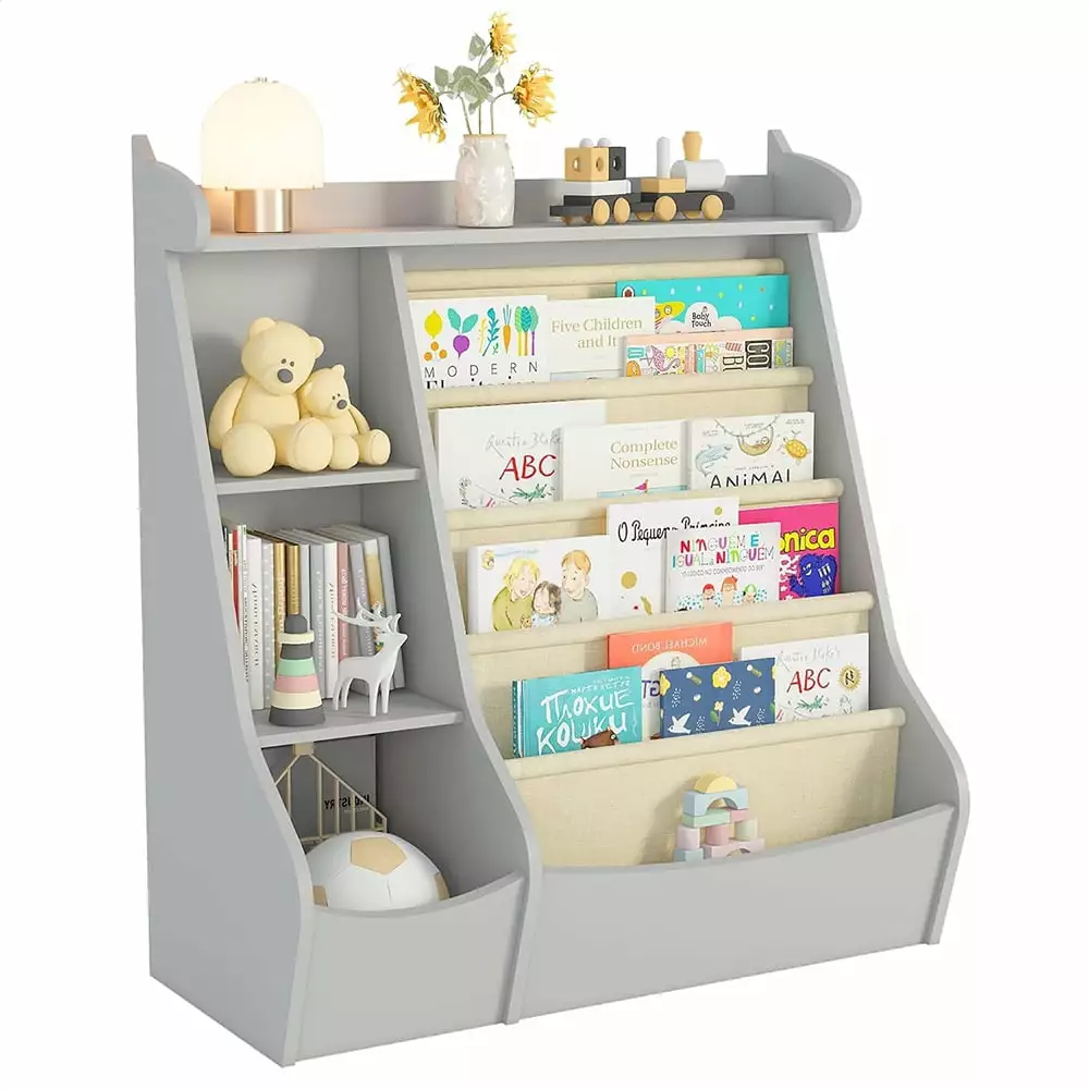 JIAOBAIKids Bookshelf. Kids Toy Storage Organizer. 4 Layer Sling Bookcase for Playroom. Bedroom. Living Room. Kids Room. Nursery. School