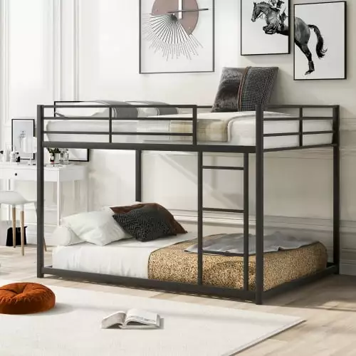 JINS & VICO Full Over Full Metal Bunk Bed. Heavy Duty Low Bunk Bed with Safety Guard Rails and Ladder (Black)