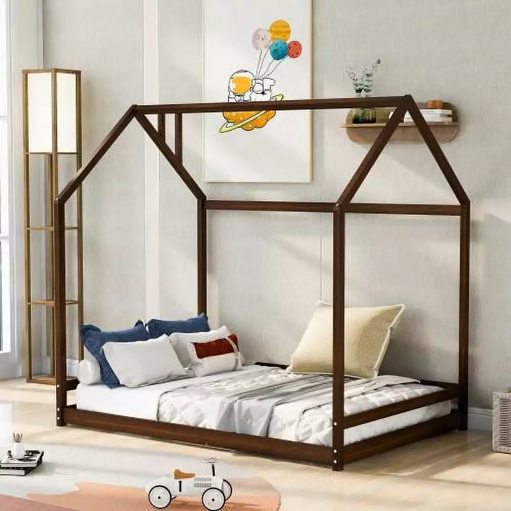 JINS&VICO Full Size House Bed Wood Bed With Roof And Chimney for Kids Bedroom. Espresso