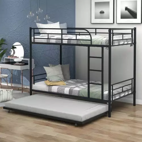 JINS & VICO Metal Bunk Bed. Twin Over Twin Bunk Bed with Trundle for Kids and Teens. Can be Divided into Two beds. No Box Spring Needed. Black