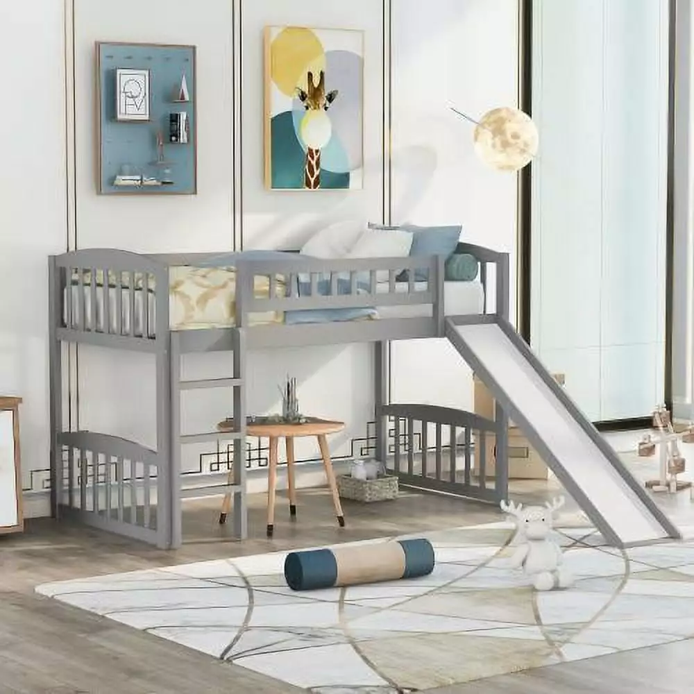 JINS&VICO Solid Wood Twin Size Loft Bed with Slide and Ladder. Multifunctional Design for Kids Childs. No Box Spring Required. Grey