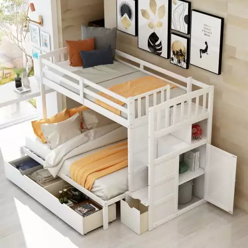 JINS & VICO Twin Over Full Bunk Bed Frame with Stairs. Wood Stairway Twin Bunk Bed with Convertible Bottom Bed and Storage Shelves and Drawers. No Box Spring Needed. White