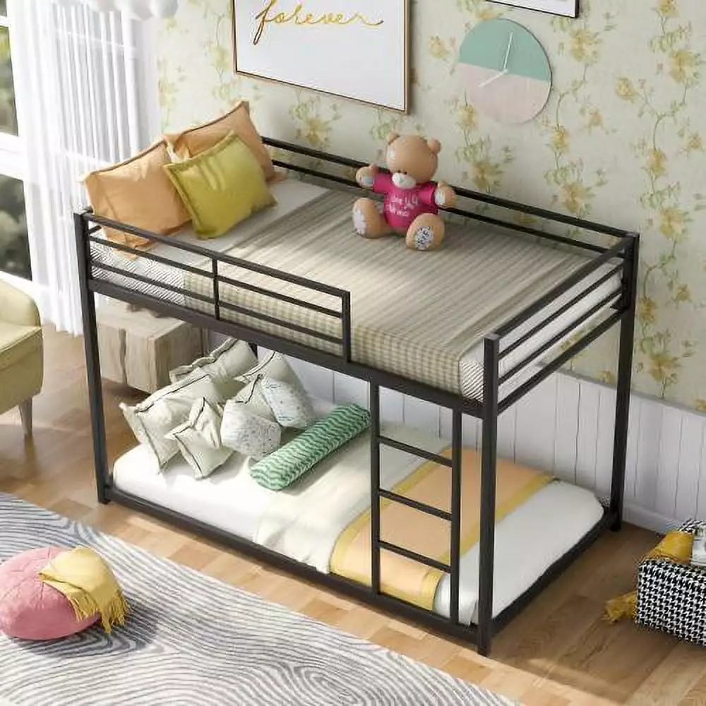 JINS&VICO Twin Over Twin Bunk Bed Low Metal Bunk Bed Frame with Ladder. No Box Spring Needed. Black