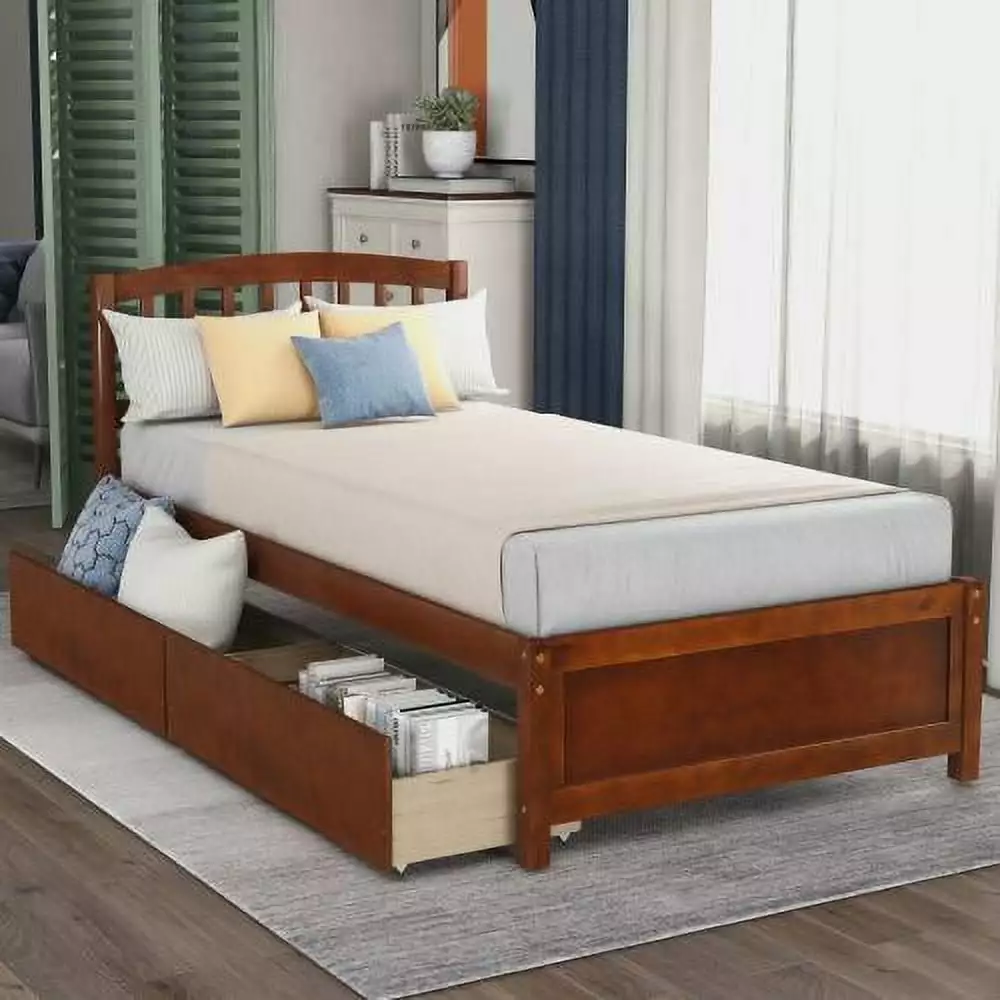 JINS&VICO Twin Platform Bed Wood Storage Bed Frame with Two Drawers and Headboard (Walnut)