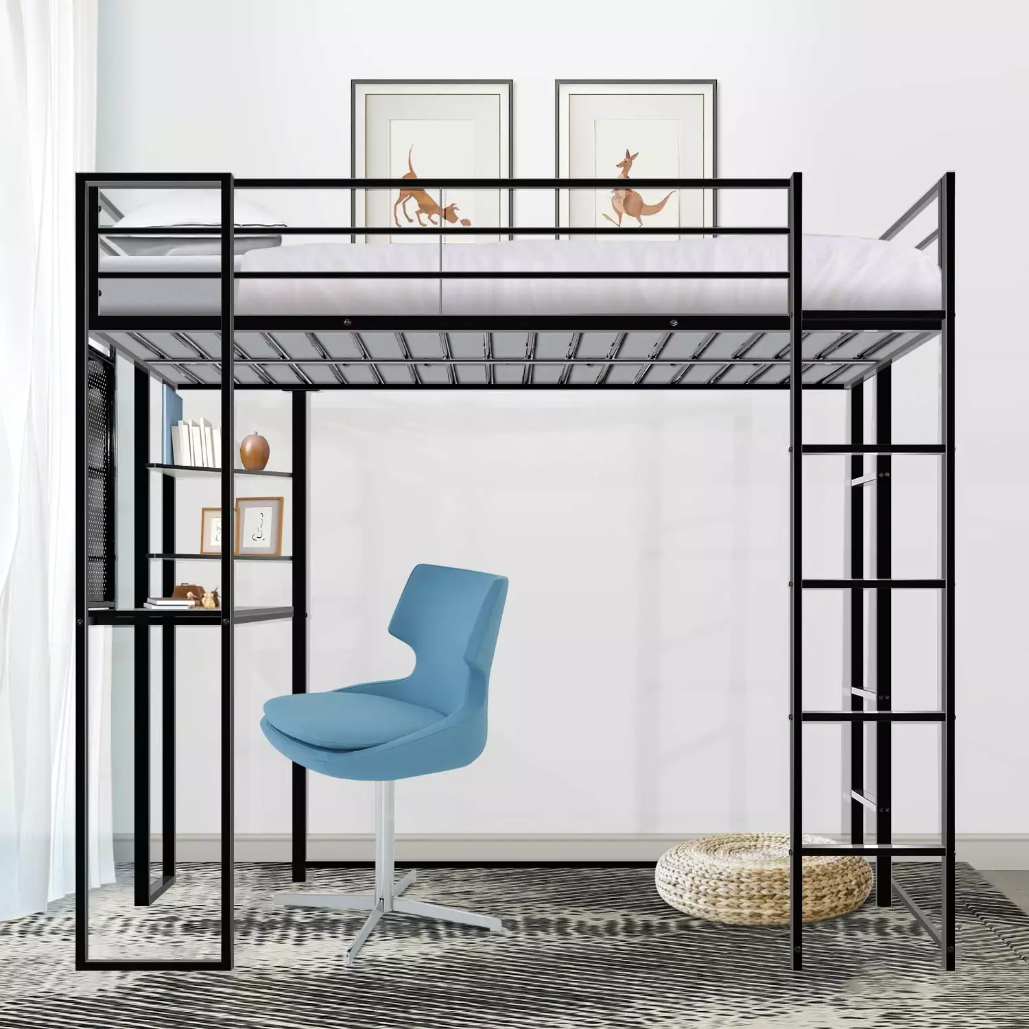 JINS&VICO Twin Size Loft Bed with Desk and Shelves for Bedroom. Modern Metal Loft Bed with 2 Built-in Ladders. Full-length Guardrail. Hold up to 200lbs.Noise Free.79.53L x 42.13W x 72.01H