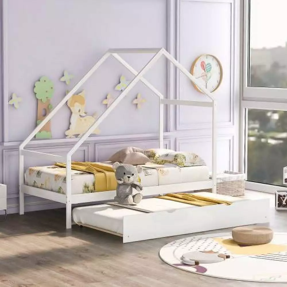 JINS&VICO Twin Size Wooden House Bed with Twin Size Trundle for Kids Bedroom.White