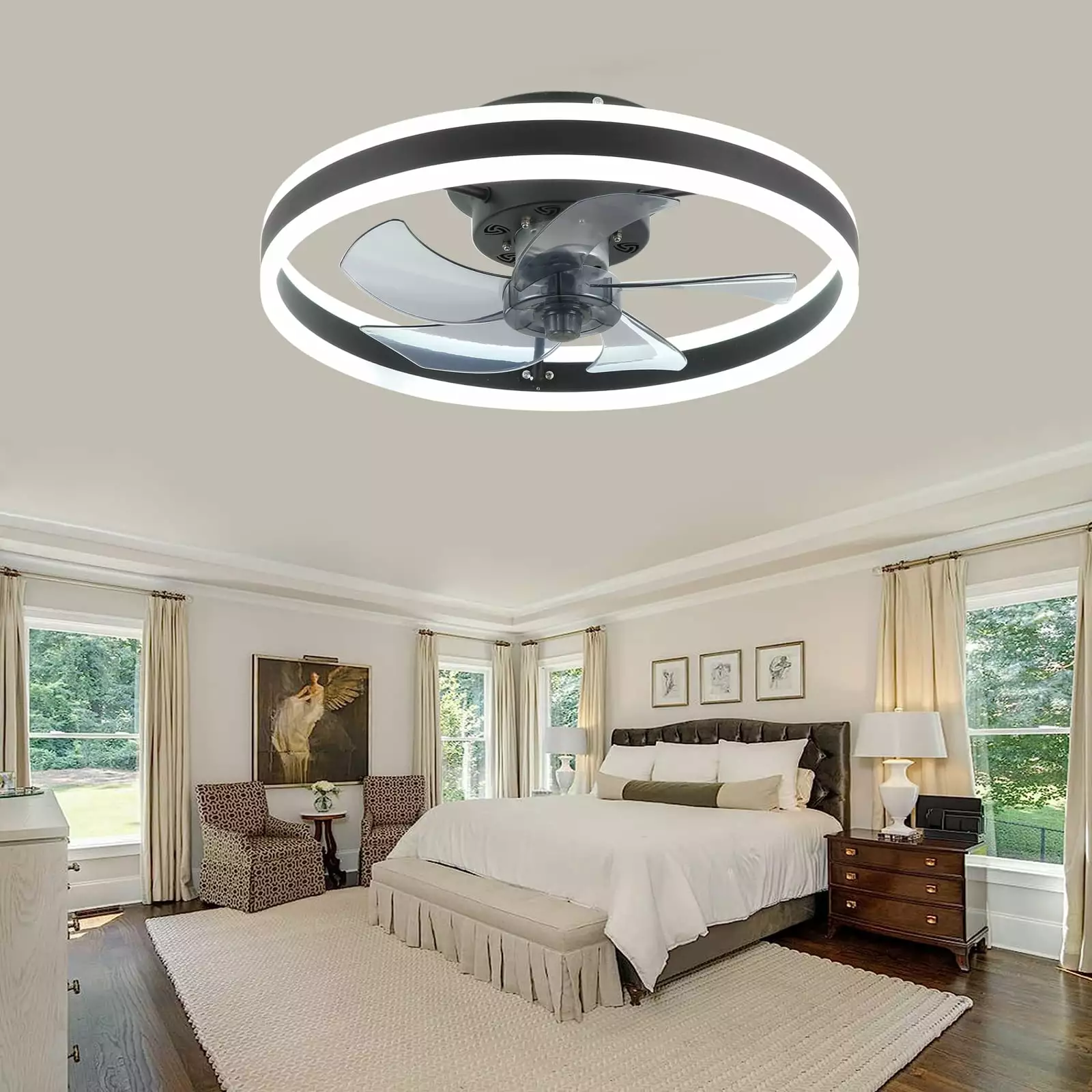 JLPAN Ceiling Fans with Lights. Low Profile Flush Mount Modern Bladeless Ceiling Fan and Remote Control. 19.7 Dimmable LED 3 Colors and 6 Speeds - Black