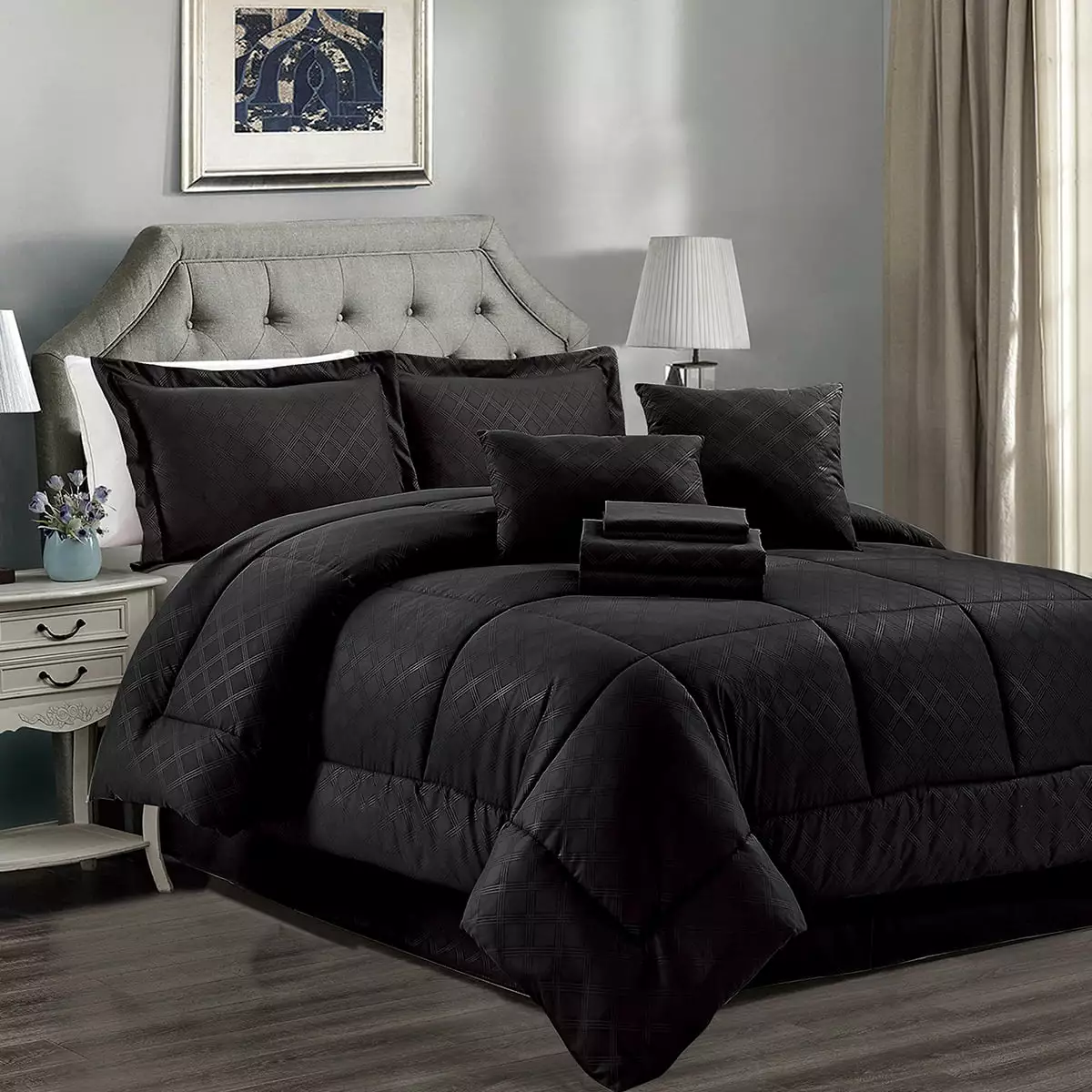 JML Black Queen Comforter Set - 10 Pieces Bedding Set Bed in a Bag with Comforters. Sheets. Bed Skirt. Decorative Pillows. Pillowcases & Shams