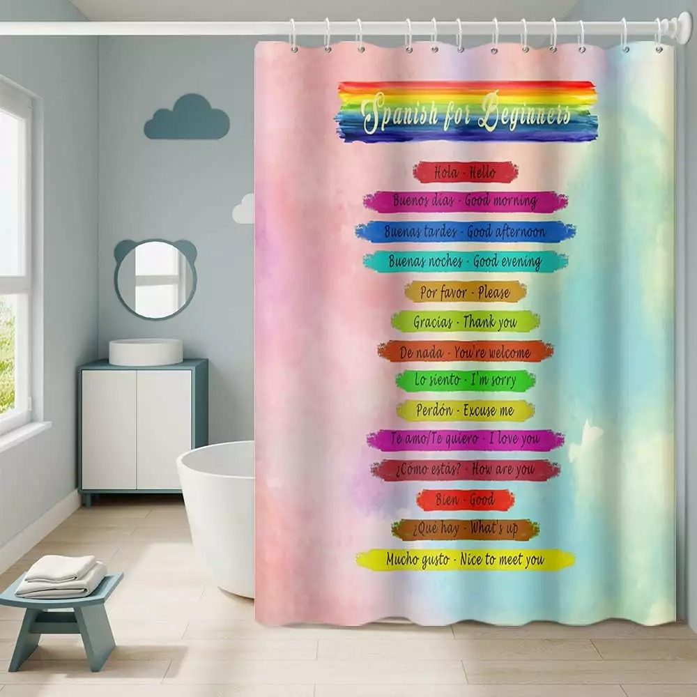 JOOCAR Spanish Language Shower Curtain for Kids Bathroom Decor Colorful Letters Educational Learning Tool Babies Large Waterproof Polyester Fabric with 12 Hooks Shower Curtains. 72x72 Inch