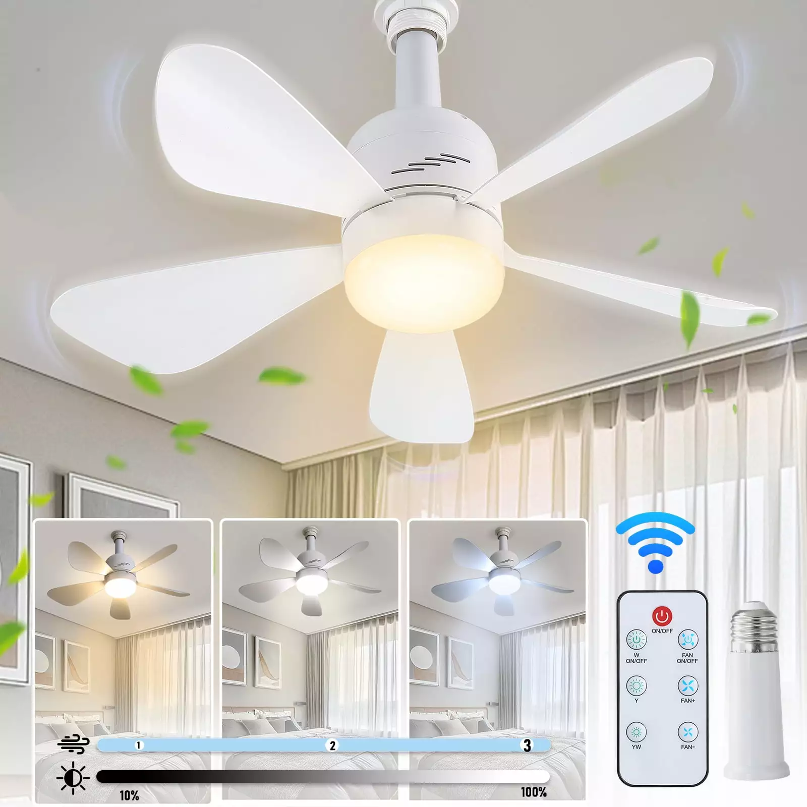 JOPESO Socket Fan Light with Remote. 19in Ceiling Fans with Lights with 3 Speeds and 3 Colors E27 Base. Dimmable LED Socket Fan for All Locations