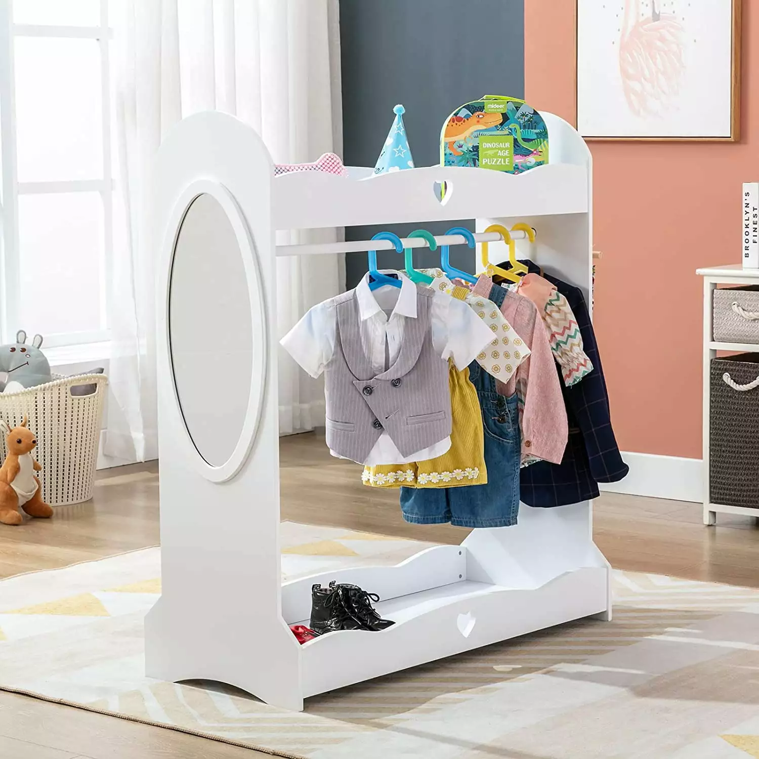 JOYLDIAS Kids Dress Up Storage Girls Armoire Bedroom Closet with Mirror. Side Pocket. Storage (White)