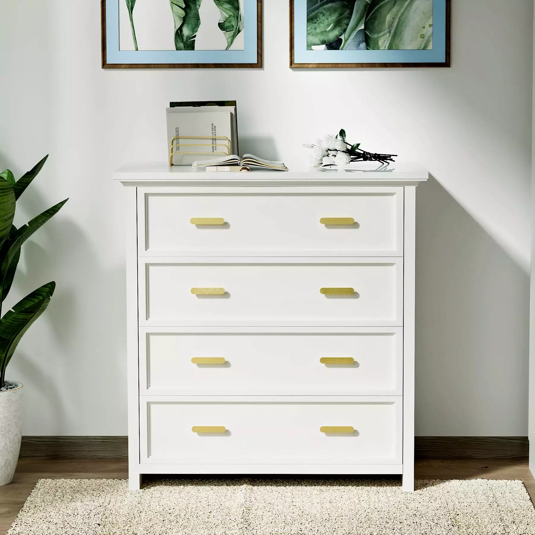 JQX Bedroom Chests of Drawers - Modern Bedroom Dresser with 4 Drawers. Tall Wooden Storage Cabinet for Bedroom. Living RoomWhite)