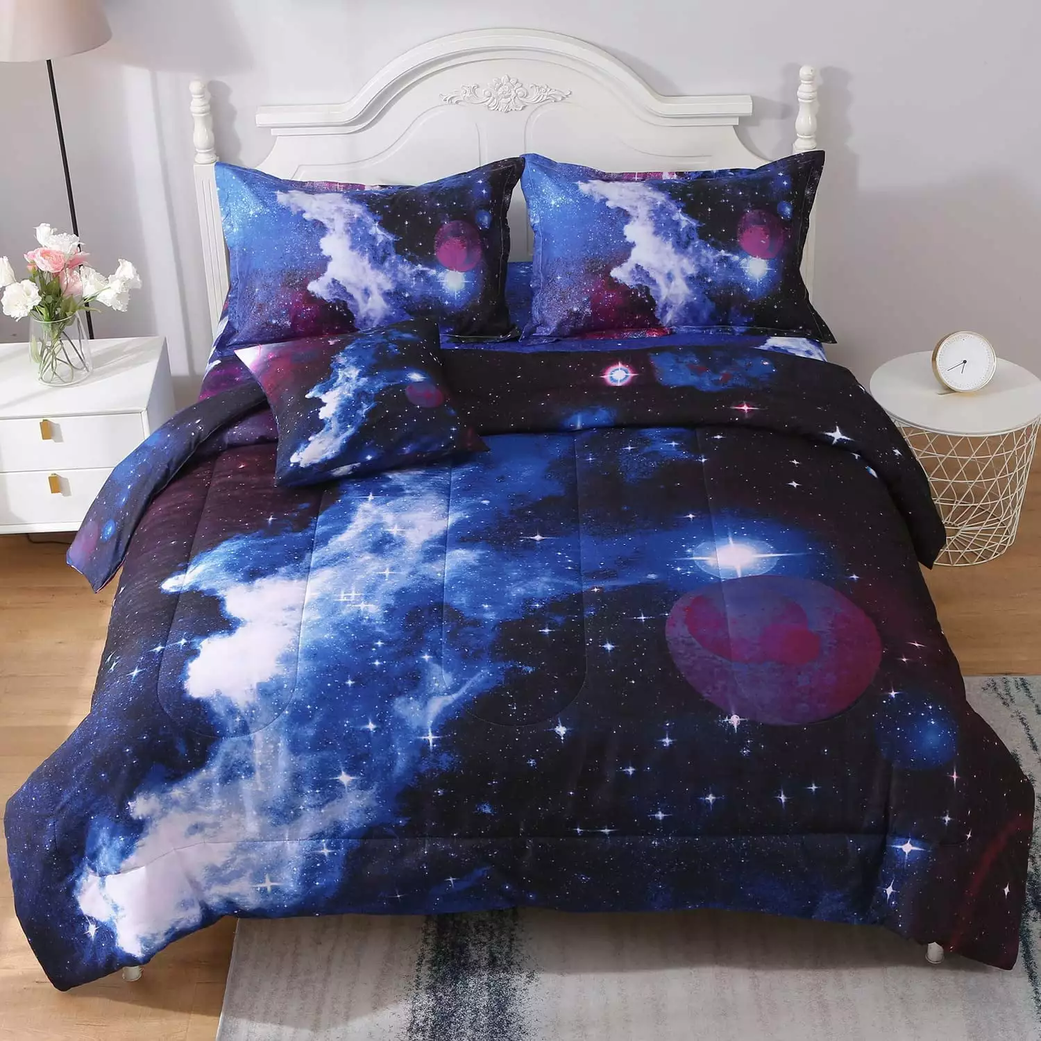 JQinHome Queen Galaxy Comforter Sets 6 Piece Bed in A Bag. Outer Space Themed Bedding for Children Boy Girl Teen Kids - (1 Comforter. 1 Flat Sheet. 1 Fitted Sheet. 2 Pillowshams. 1 Cushion Cover)