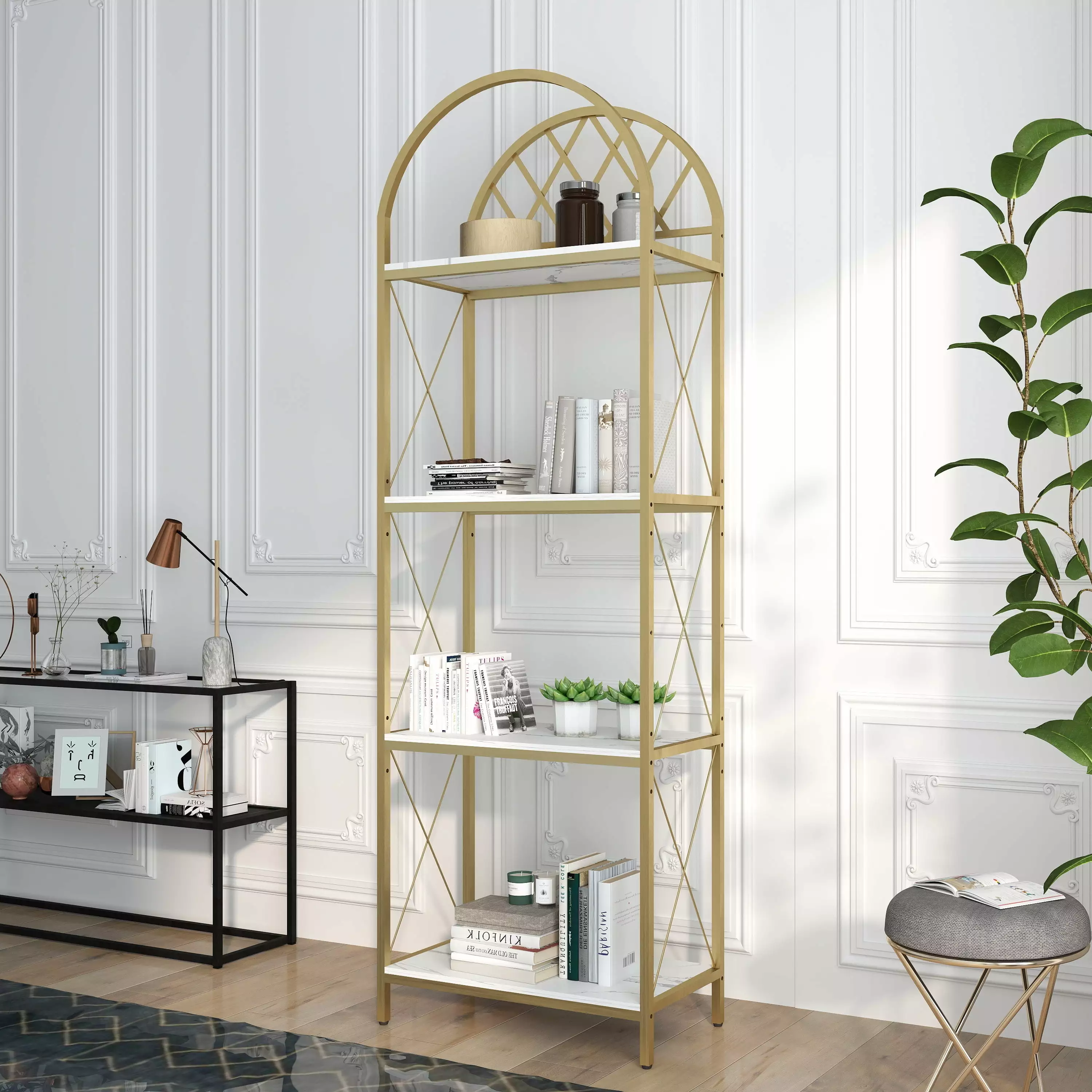 JRHRXXY 4-Tier Bookshelf.Arched Bookcase.Open Storage Rack.for Home Office.LivingRoom.Office.Golden