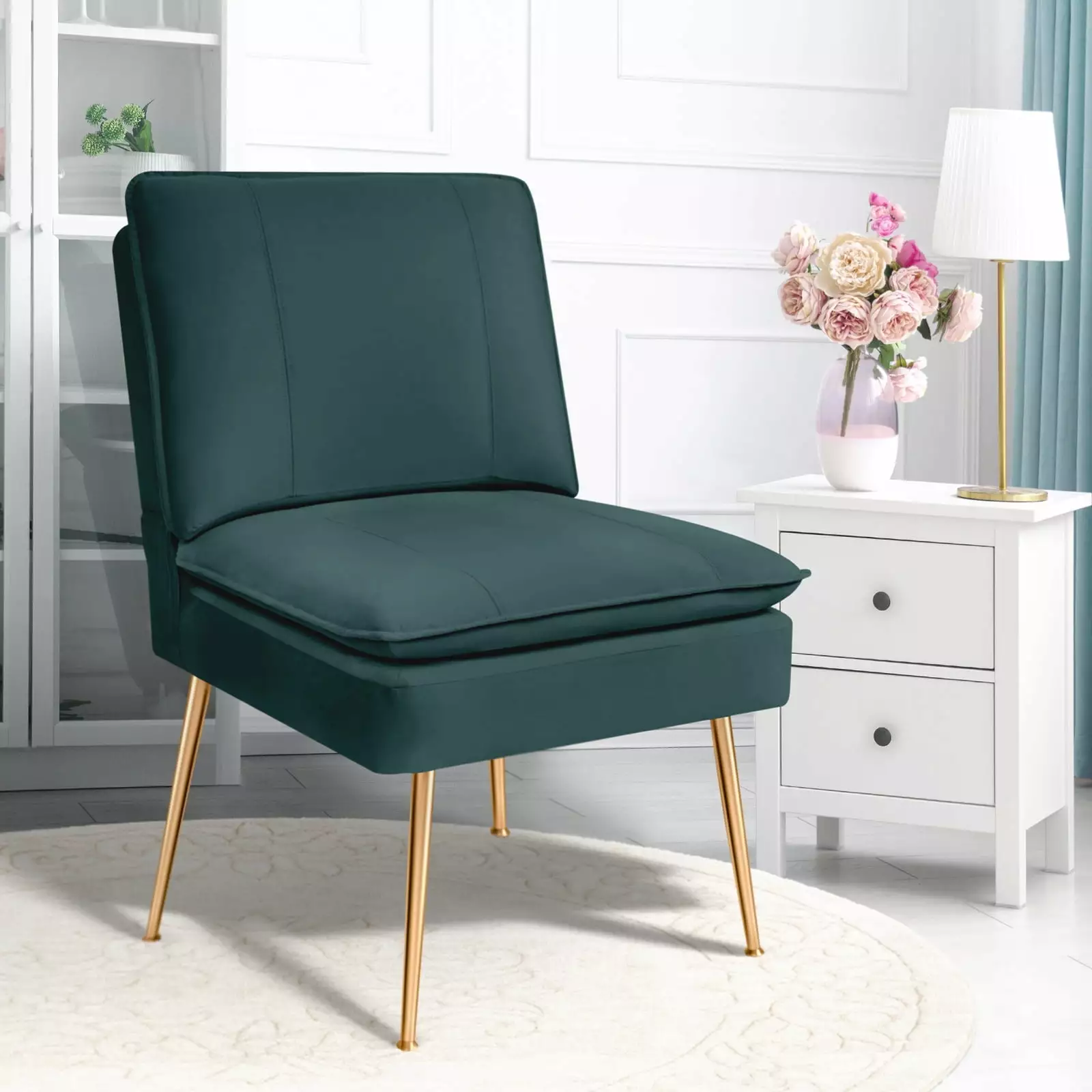 JUSTLET Accent Chairs. Modern Upholstered Side Chair Dining Chair with Metal Legs. Comfy Armless Chair for Living Room Bedroom. Green