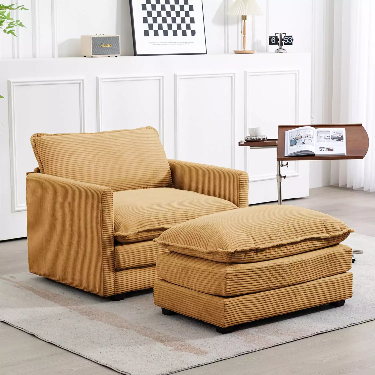 JUSTLET Modern Corduroy Accent Armchair with Ottoman for Bedroom Living Reading Room Office. Yellow