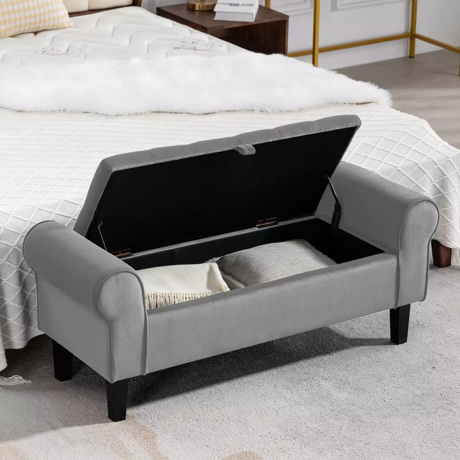 JUSTLET 48 Large Storage Ottoman Bench for Bedroom. End of Bed Bench with Storage W/ Rolled Arm. Gray