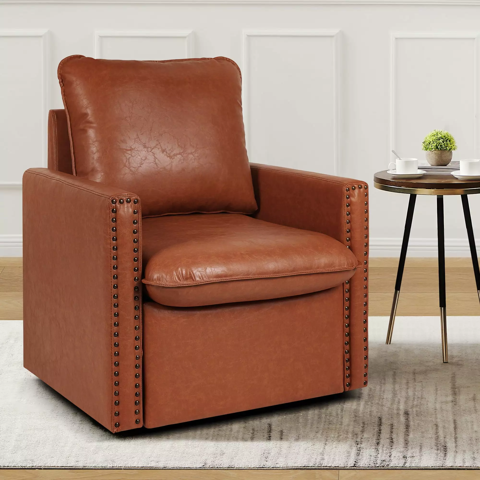 JUSTLET Swivel Accent Chair for Living Room. Modern Reading Nook Armchair Faux Leather Club Chair with Cushion for Bedroom. Brown