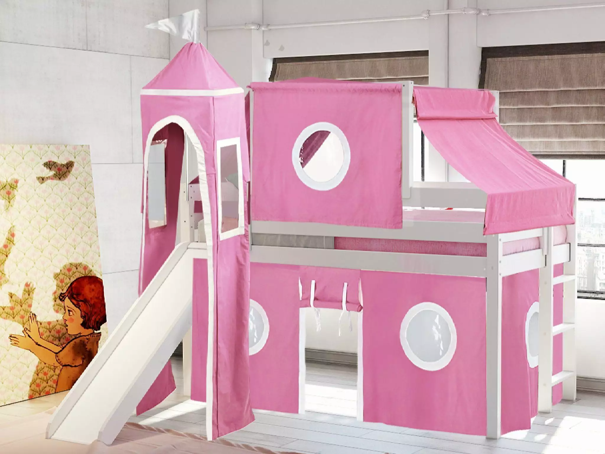 Jackpot Princess Low Loft Bed with Slide Pink & White Tent and Tower. Twin. White