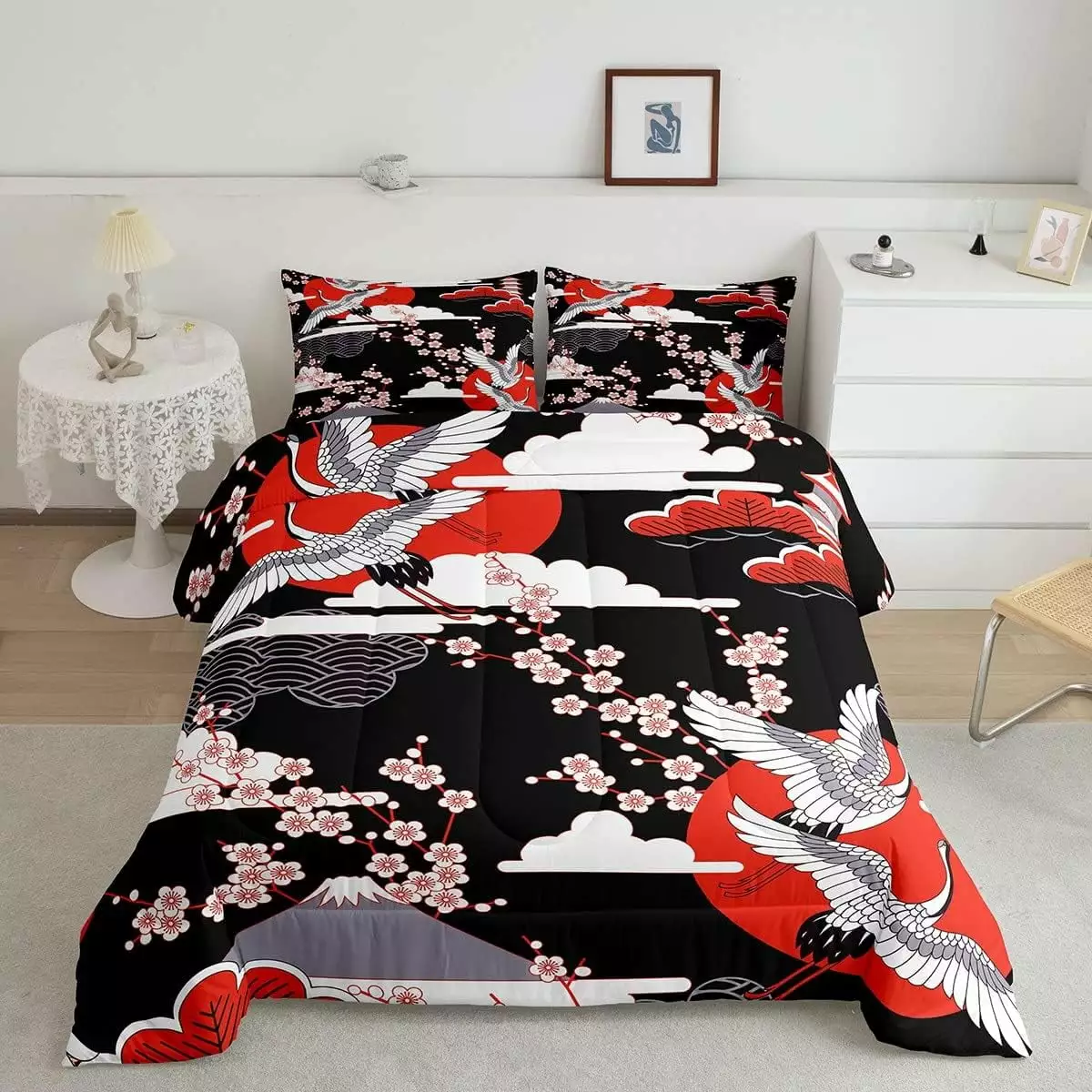 Japanese-Style Comforter Set Twin Size Crane Printed Cherry Blossoms Decor Down Comforter. for Adult Women Girls Teens Japanese Traditional Pattern Quilted Duvet Ukiyoe Theme Bedding Comforters