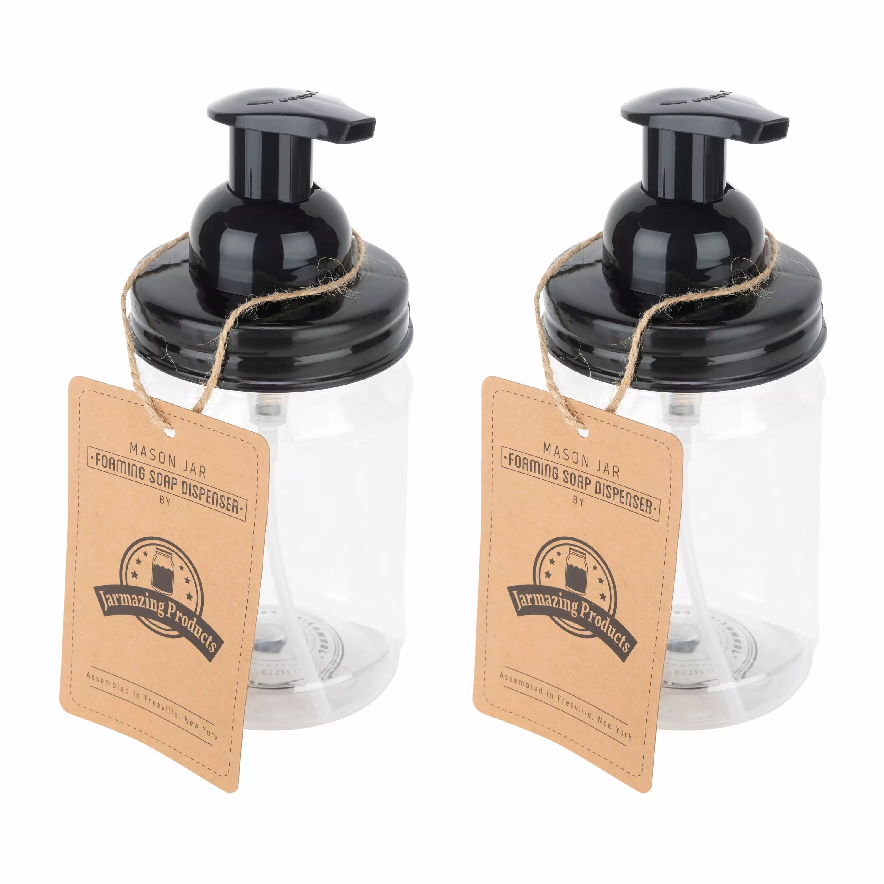 Jarmazing Products Mason Jar Foaming Soap Dispenser - Black - With 16 Ounce Plastic Mason Jar - Two Pack!