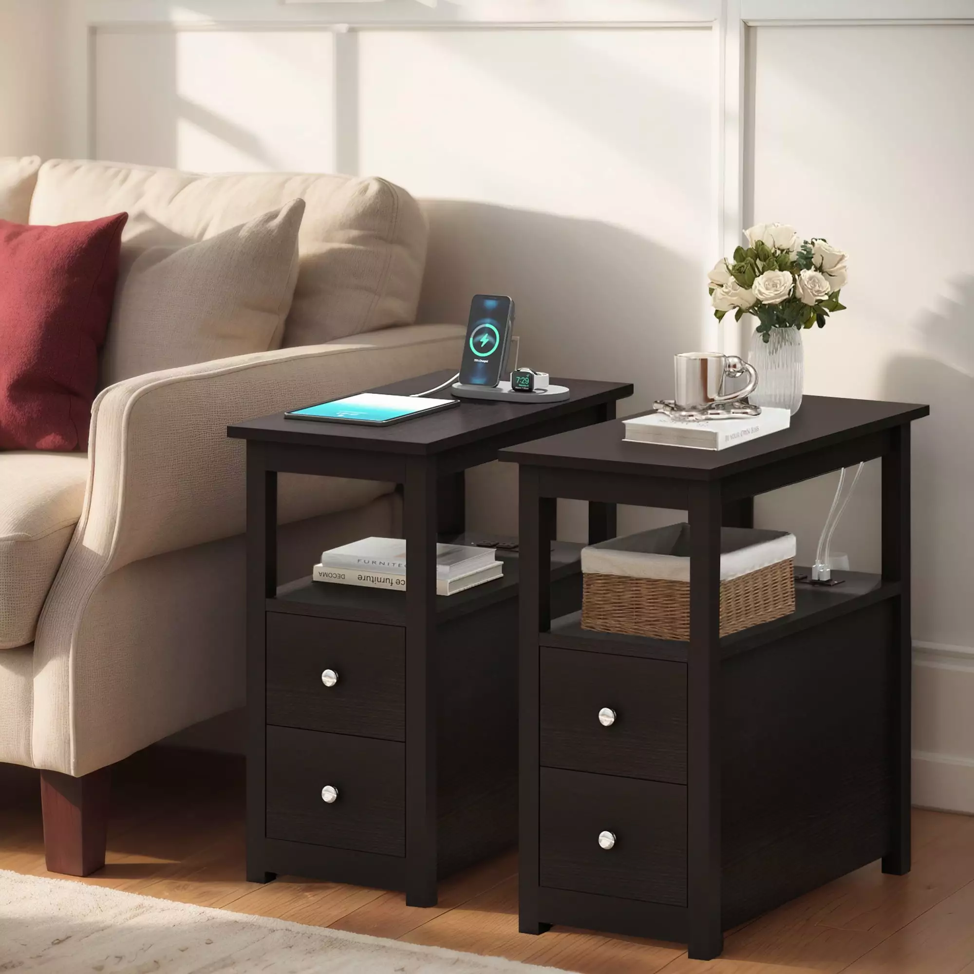 Jaxpety Set of 2 Narrow End Table with Charging Station Outlets USB Ports Side Table 2 Drawers and Open Storage for Living Room Bedroom. Espresso