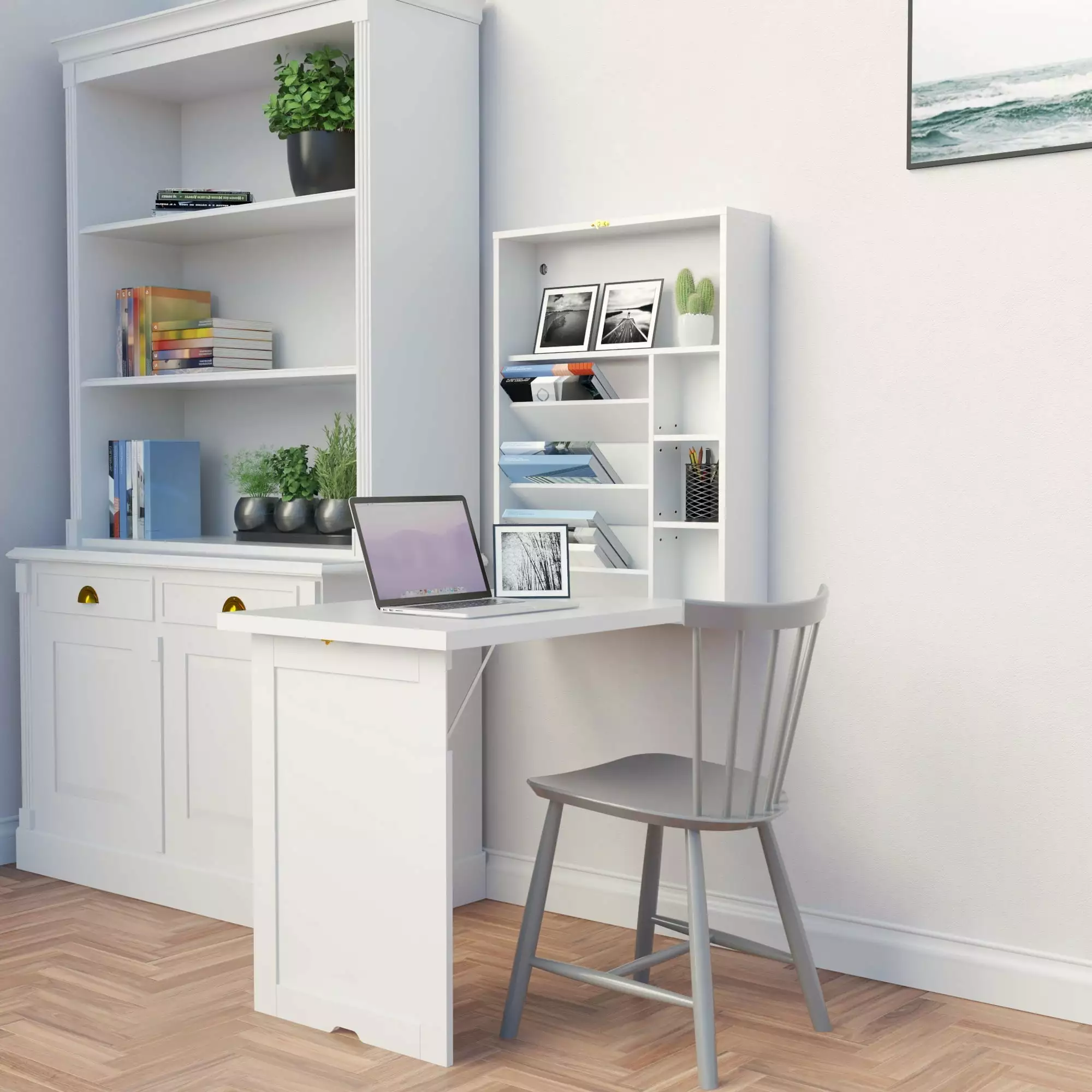 Jaxpety Wall Mounted Foldable Desk. Convertible Desk for Home Office. Space Saving Desk. Table with Book Storage. White