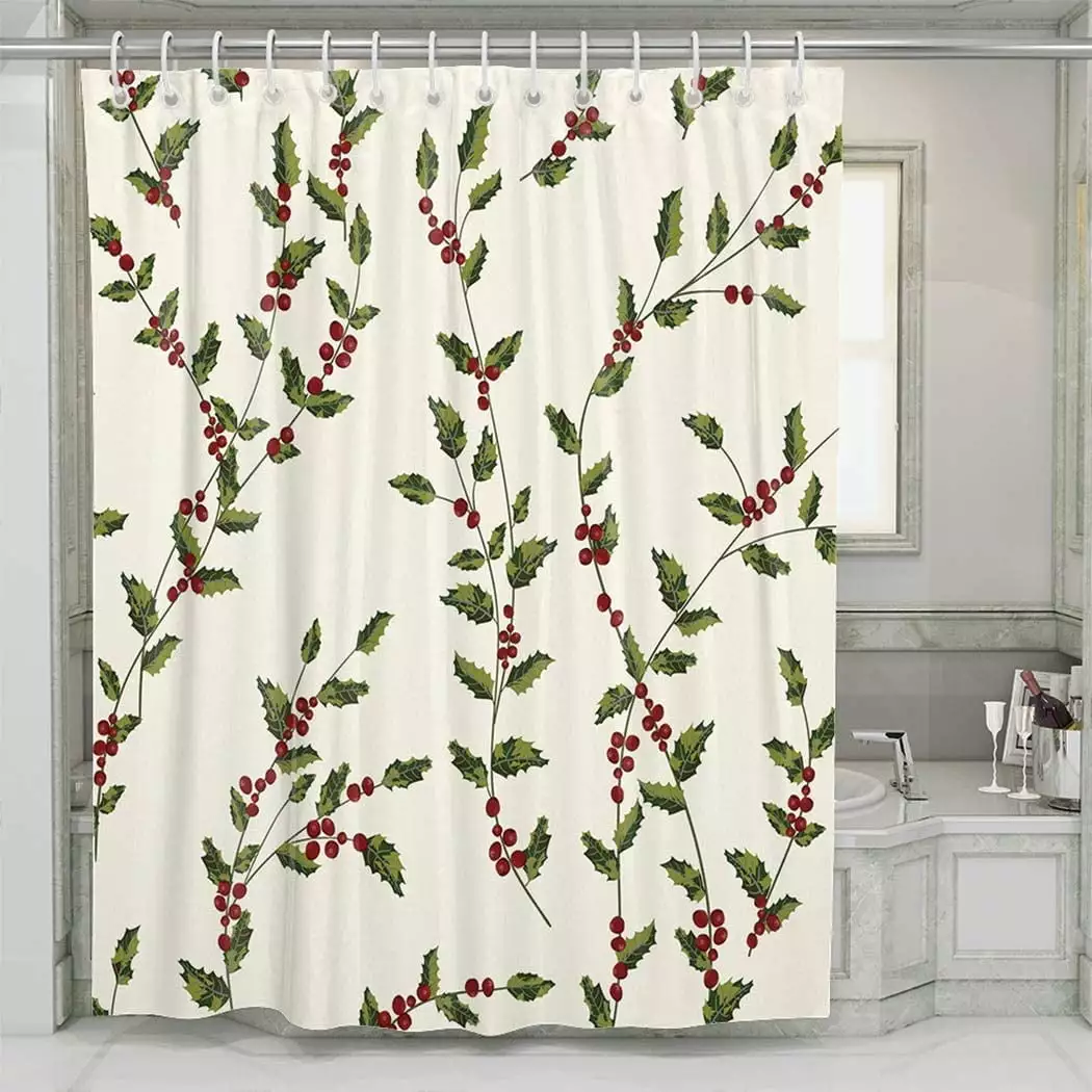 Jbralid Christmas Shower Curtain with Holly Leaves and Berries 72x72 Inch 12 Hooks Home Hotel Bathroom Decoration