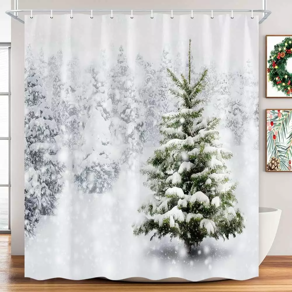 Jbralid Rustic Snow Forest Shower Curtain Snowy Green Countryside Landscape Bathroom Curtain Christmas Pine Tree. Winter Nature Scene Bathroom Decorations with Hooks 72 x 72 inch