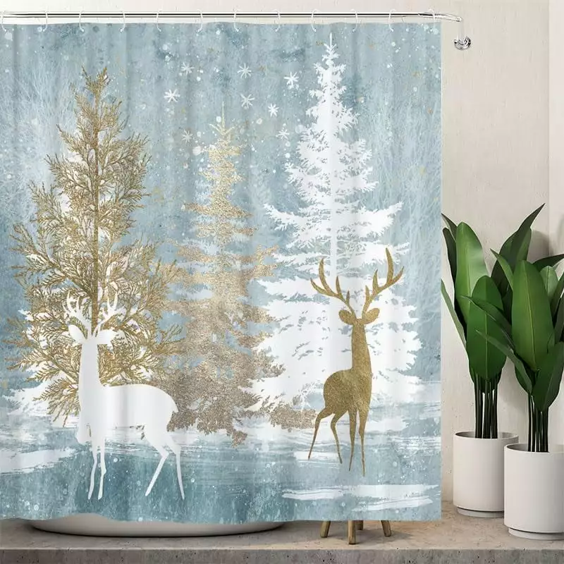 Jbralid Winter Wonderland Christmas Shower Curtain Highlight Deer and Pine Trees Waterproof Fabric Curtain for Bathroom with 12 Hooks 72x72 Shower Curtain Sets