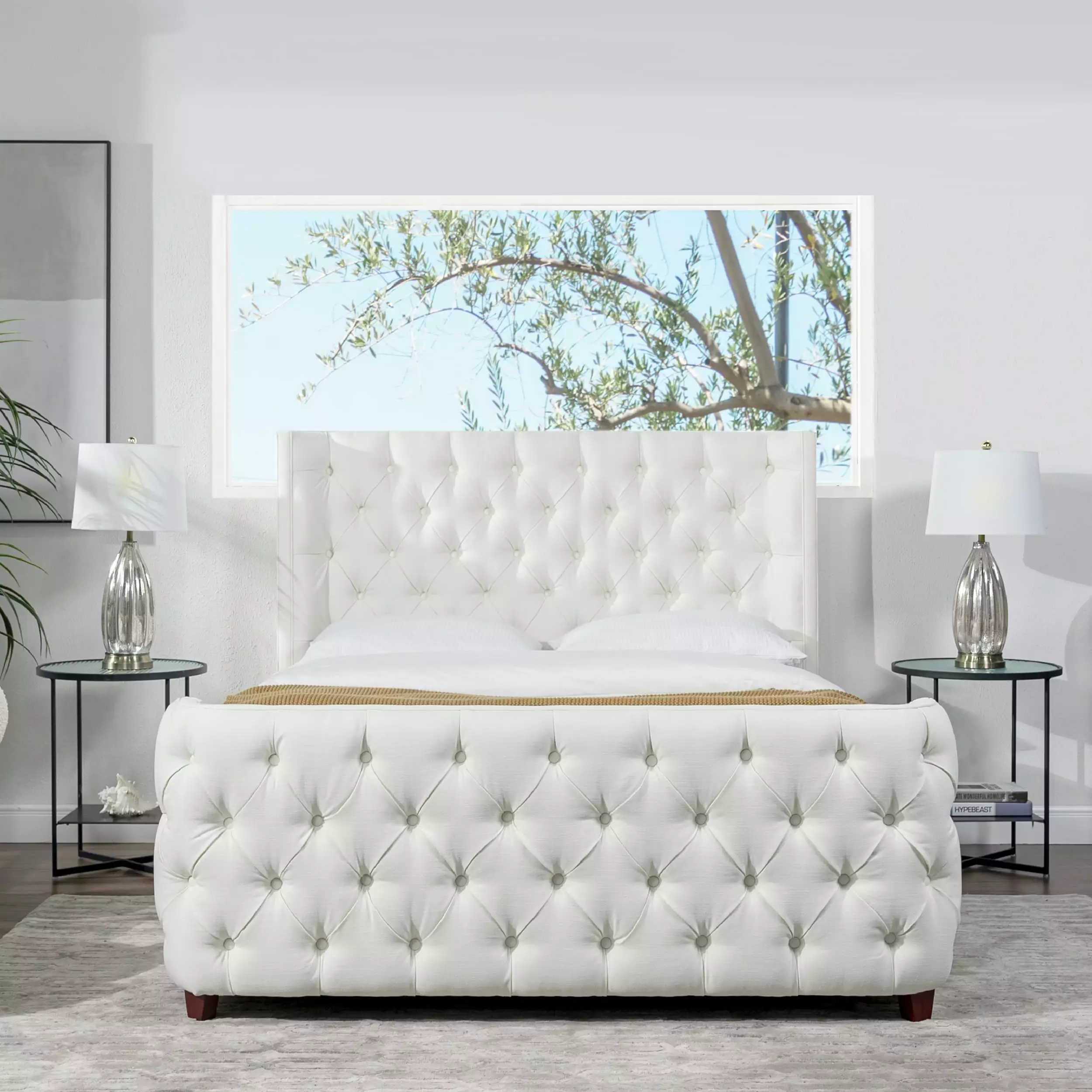 Jennifer Taylor Home Geneva Curved Wing Upholstered Platform Bed Frame. King. Antique White Polyester