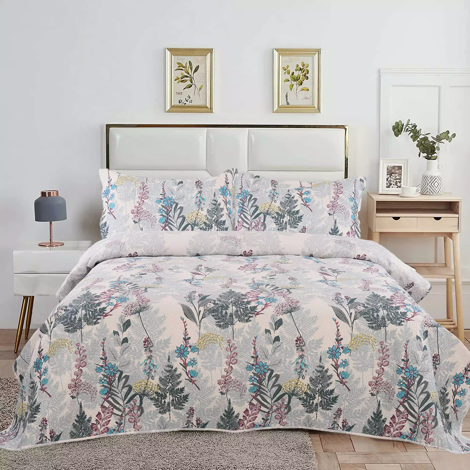 Jessy Home Floral Quilts Queen/Full Size Set Blue Red Green Botanical Bedspreads Coverlet