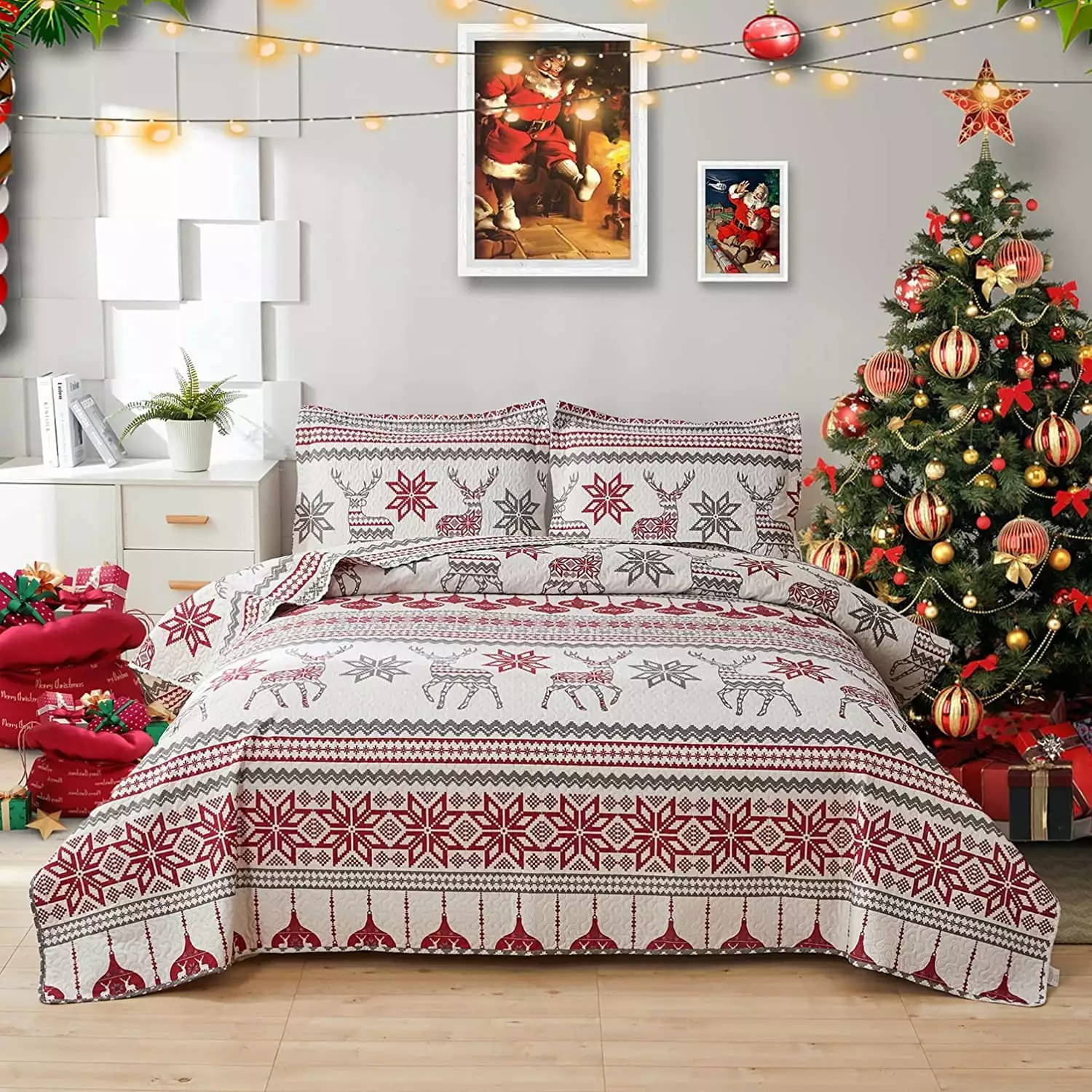 Jessy Home Reindeer Quilt Twin Size Red Flower Bedding Microfiber Bedspread Coverlet Set