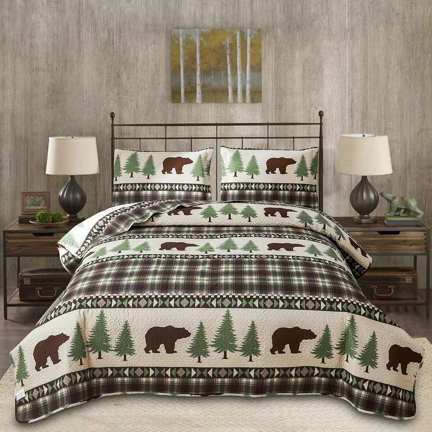 Jessy Home Rustic Quilts Queen/Full Green Plaid Bear Bedspread Microfiber Coverlet Set