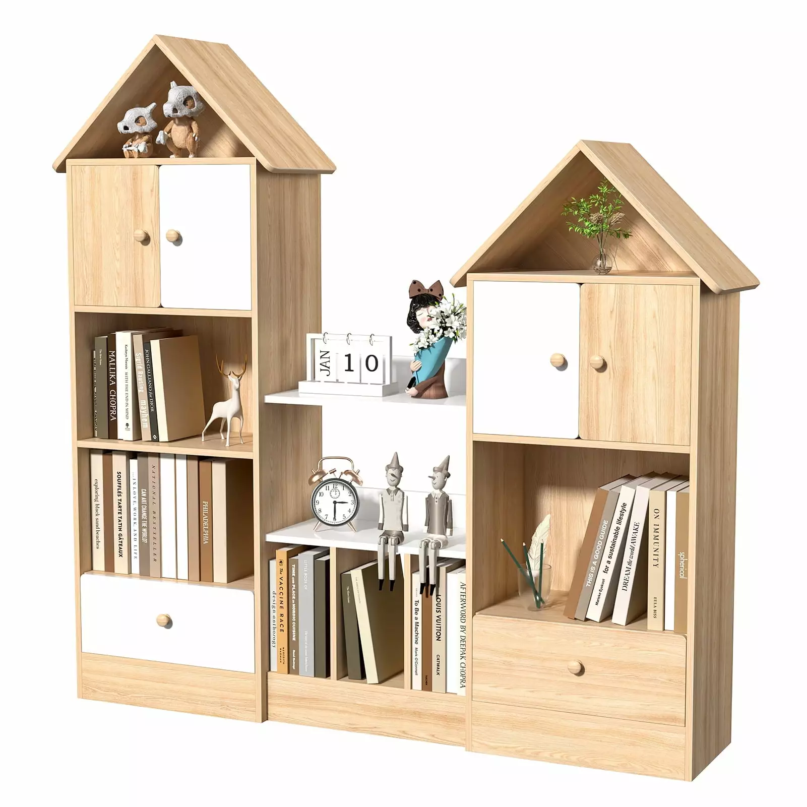 Jkung Castle Shaped Bookcase. Multi Tier Combination Bookshelf. U-Shaped Bookcase with Opening Shelves. 2 Barns and 2 Drawers. Modern Cube Storage Shelf for Living Room and Playroom