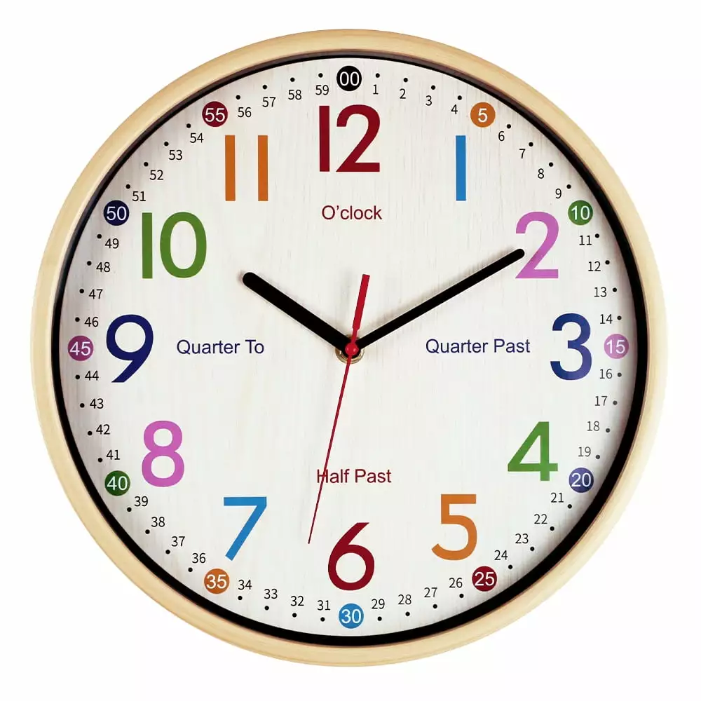 JoFomp Teaching Clock for Kids | 12 inch Educational Wall Clock for Learning Time. Silent Non-Ticking Quartz Decorative Wall Clock for Teacher's Classrooms or Children's Bedrooms