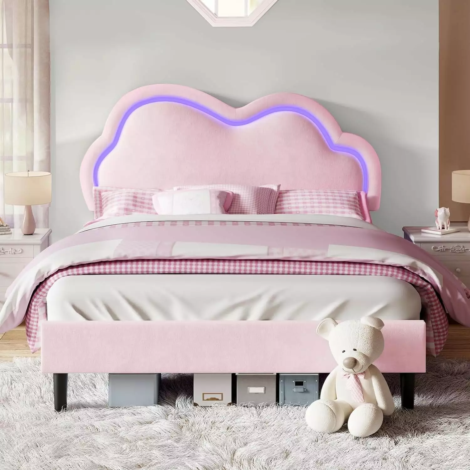 Jocisland Queen Bed Frame with LED Light. Adjustable Cloud Headboard.Pink