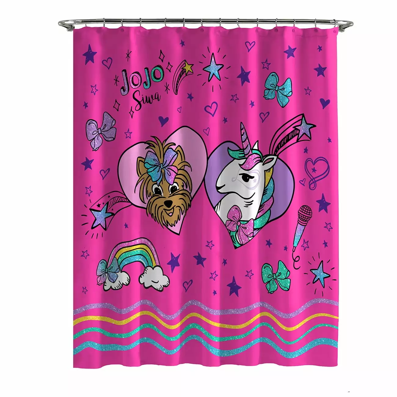 Jojo Siwa 13-Piece Kids Shower Curtain and Hook Set. 72 x 72. Microfiber. Pink. Nickelodeon