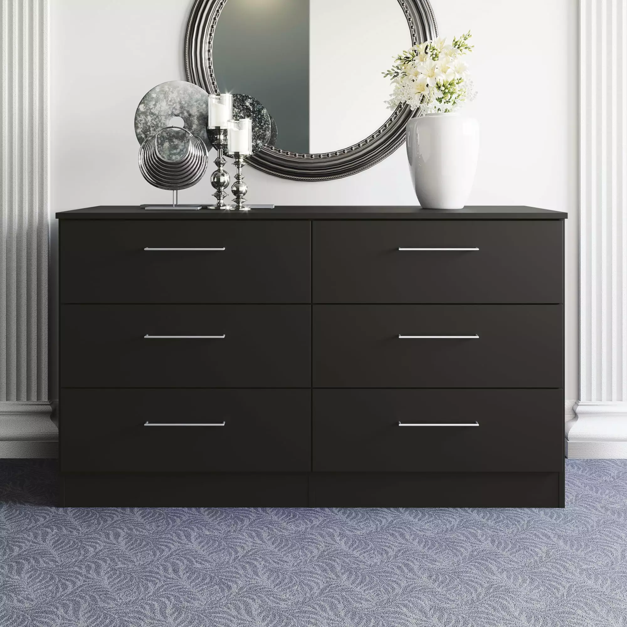 Jolyne 6-Drawer Horizontal Dresser ?C in Black Finish. For Bedroom. Clothes Storage - 28.5 in H x 50.39 in W x 17.7 in D