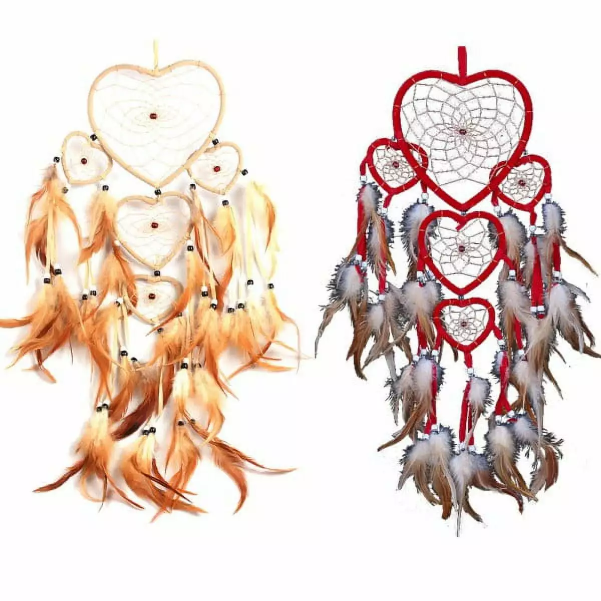 Joy Guru Large Handmade Dream Catcher Traditional Dreamcatcher Feather Wall Hanging Decoration Ornaments Five Hearts Red