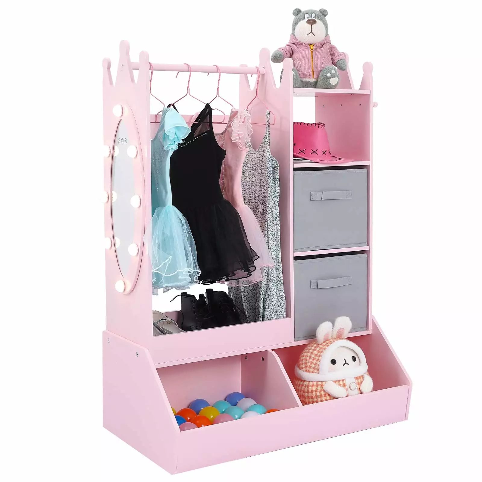 Juiluna Girls' Dress up Storage with Light & Mirror. Kids Clothing Rack with Storage Bin. Girl's Open Hanging Armoire Closet. Pink