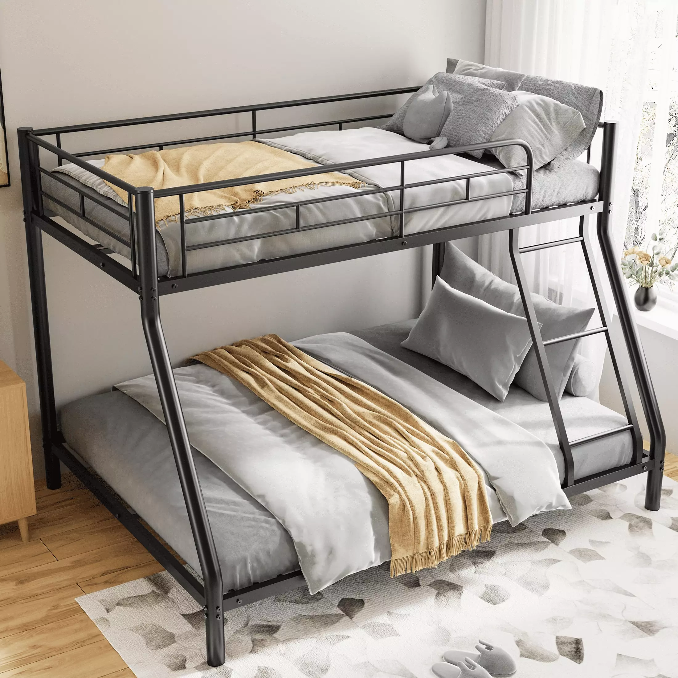 Jump Into Fun Bunk Bed. Metal Twin over Full Bunk Bed with Ladder. Full Length Guard Rails. Heavy Duty Sturdy Low Bunk Bed for Kid. Teen & Adults. Teens. No Box Spring Needed. Black