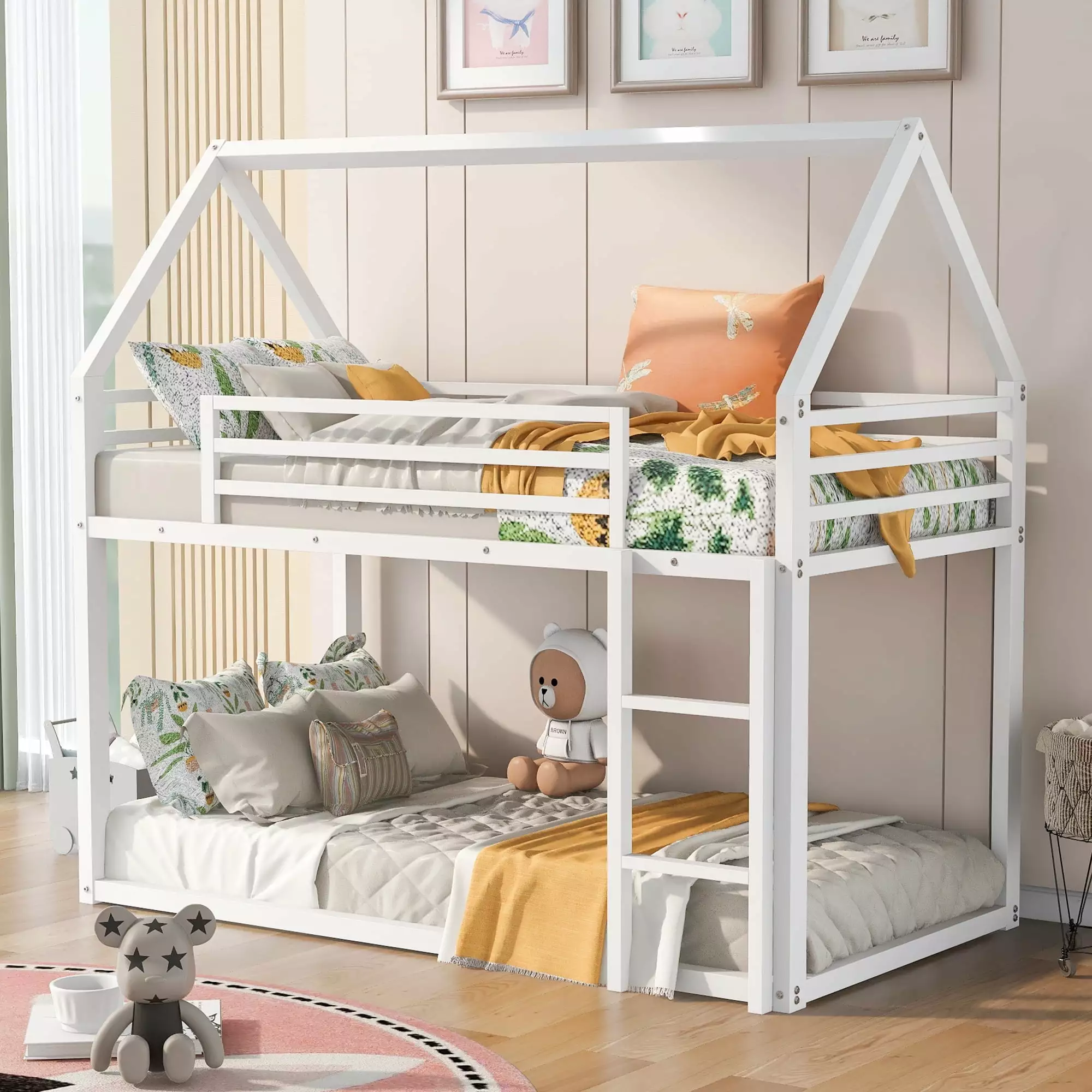 Jump Into Fun Bunk Bed Twin over Twin. Metal Bunk Bed for Kids Adults. House Low Bunk Bed with Roof. Ladder and Safety Guardrails. Noise Free Floor Twin Bunk Beds for Bedroom. Dormitory. White