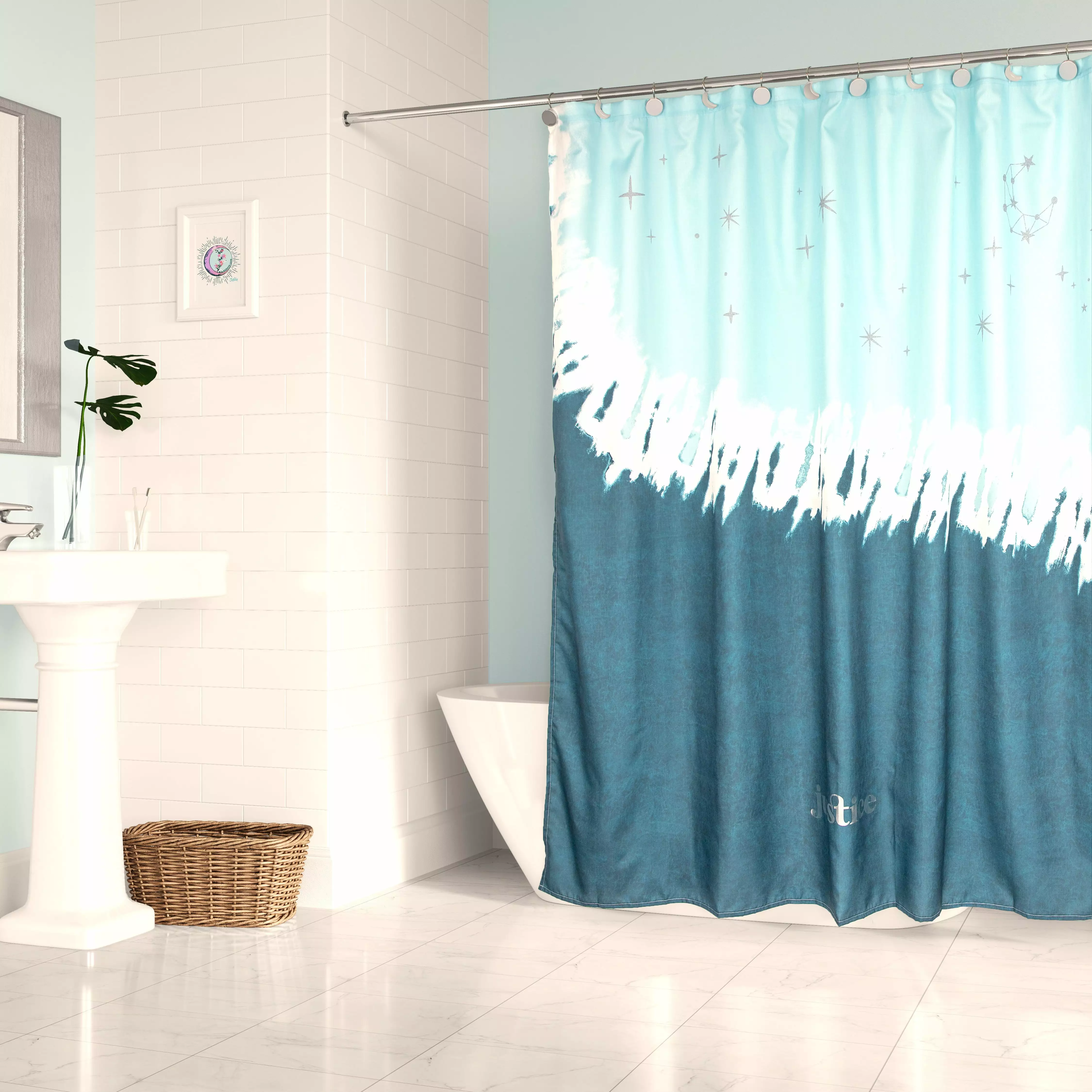 Justice Blue Celestial Tie Dye Shower Curtain and Hooks Set. Microfiber